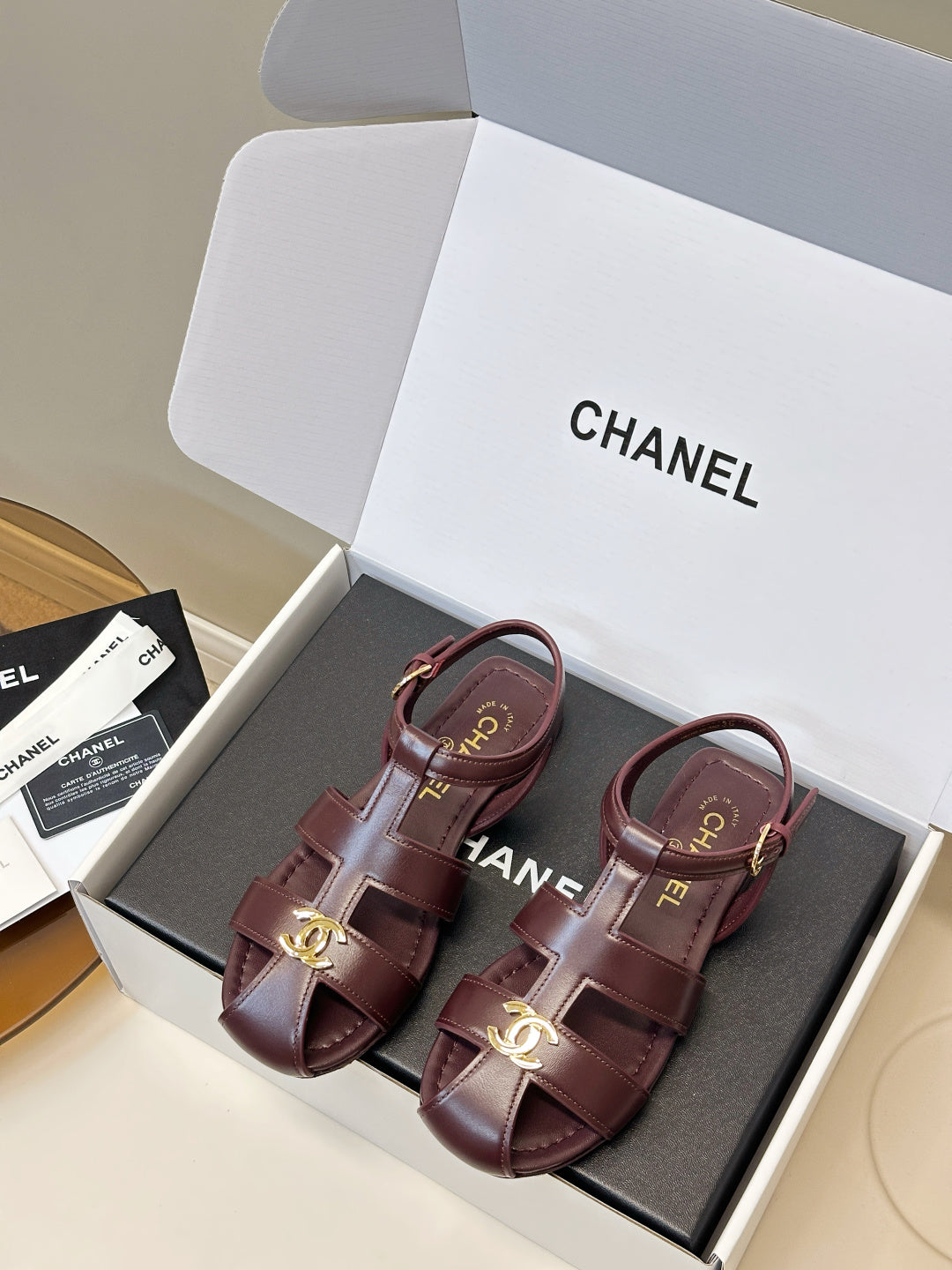 CC 26 T-strap Openwork Roman Sandals Burgundy in Cowhide 815986