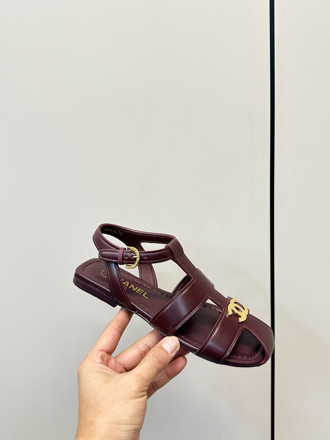 CC 26 T-strap Openwork Roman Sandals Burgundy in Cowhide 815986