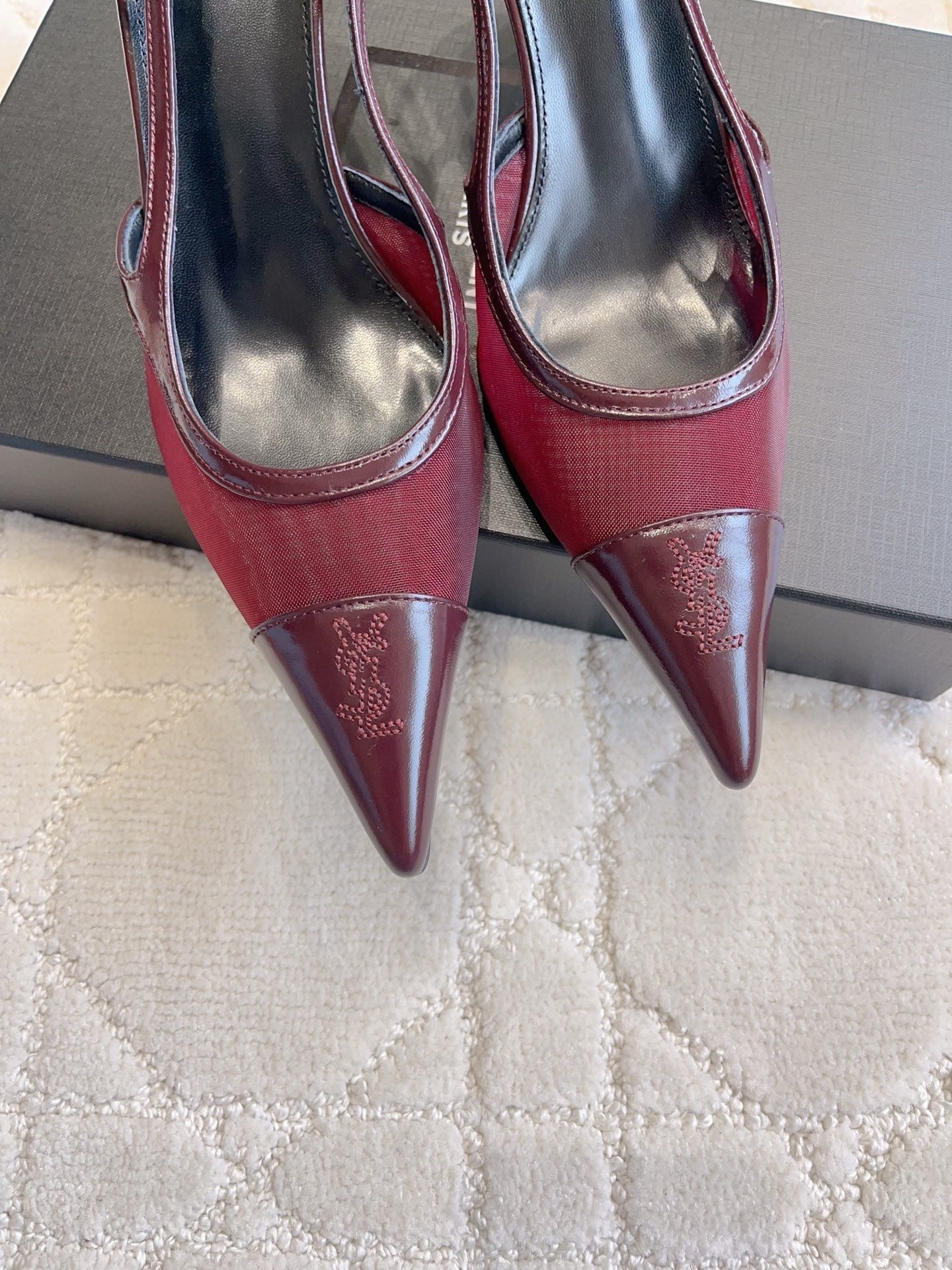 YSL Pointed-Toe Mesh Pumps 75mm Burgundy Cowhide & Mesh 851892