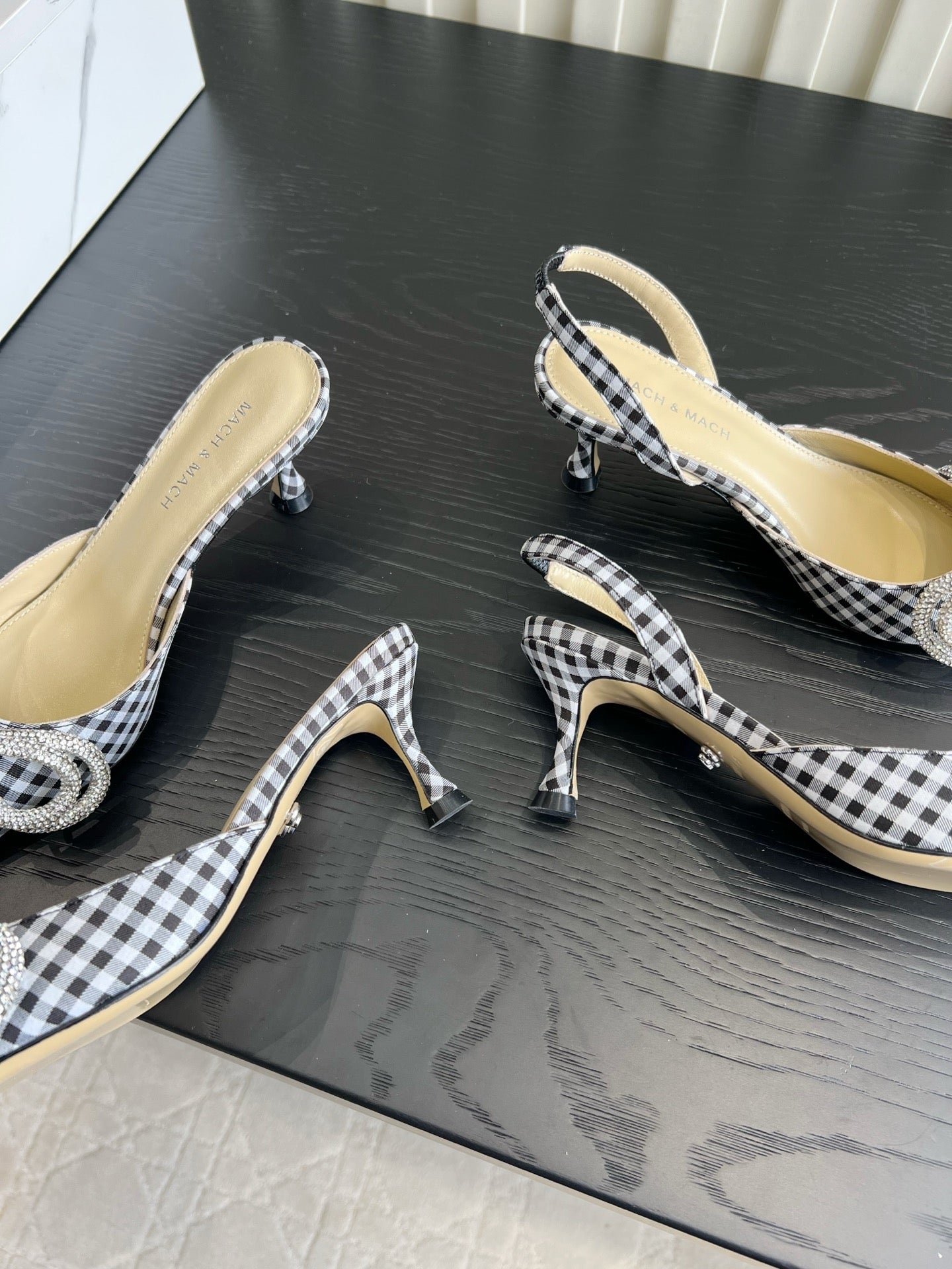 Mach Gingham Bow Slingback Pumps Black White Fabric 851908
