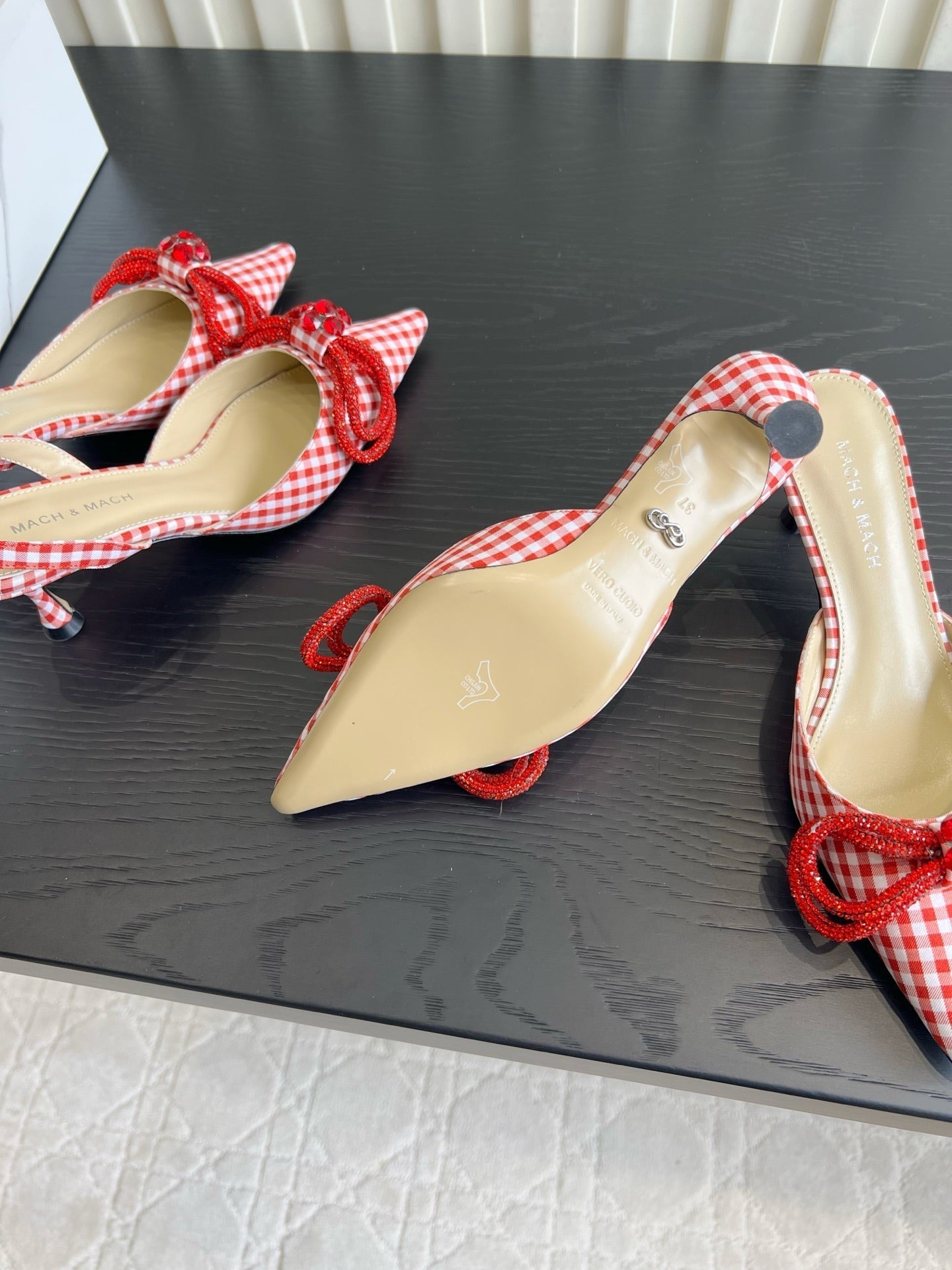 Mach Gingham Bow Slingback Pumps Red White Fabric 851905