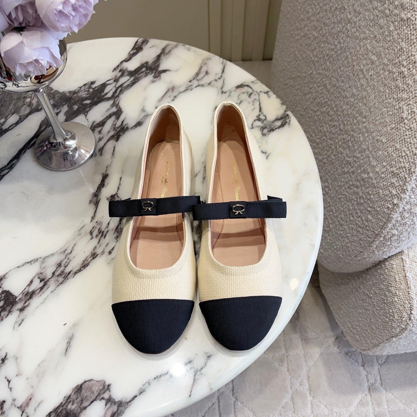 GR Mary Jane Flats Black Beige Lambskin & Fabric 851886