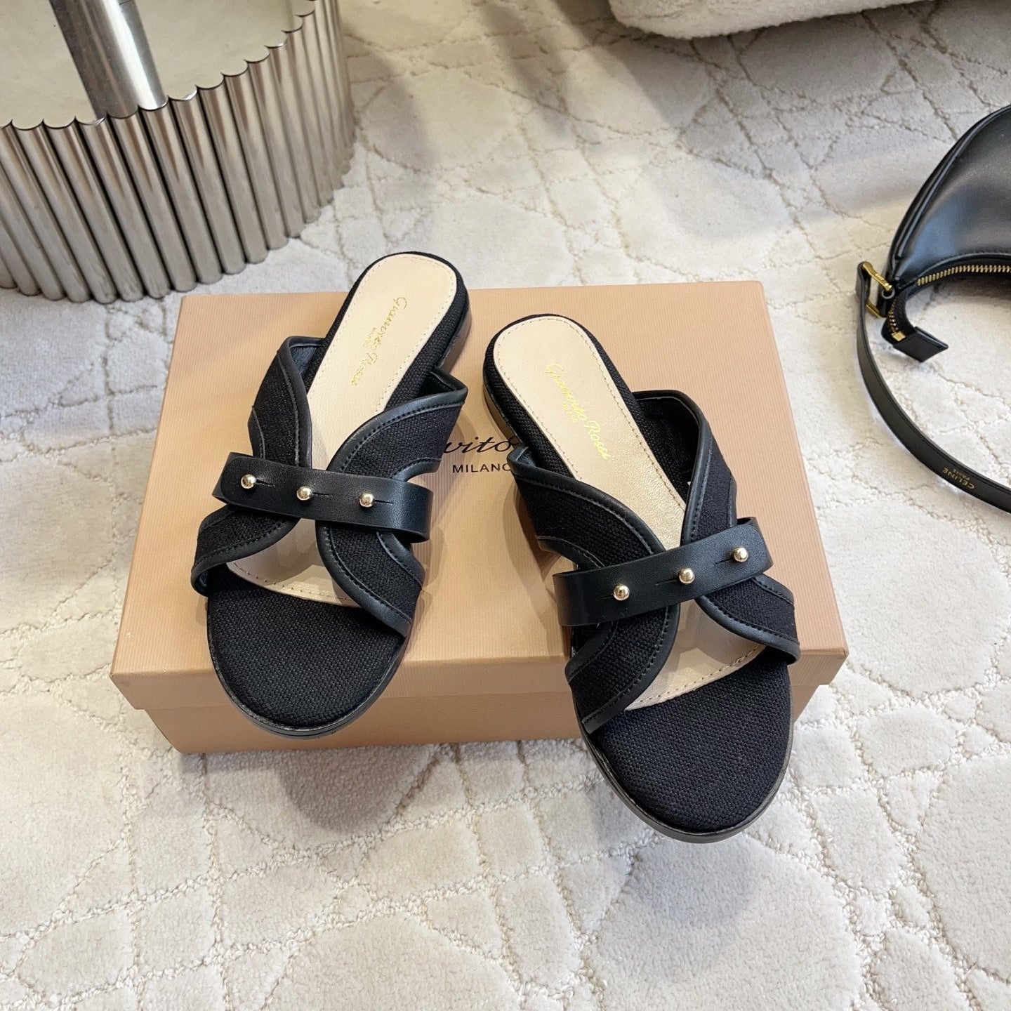 GR Paros Studded Flat Sandals Black Cowhide & Fabric 851842