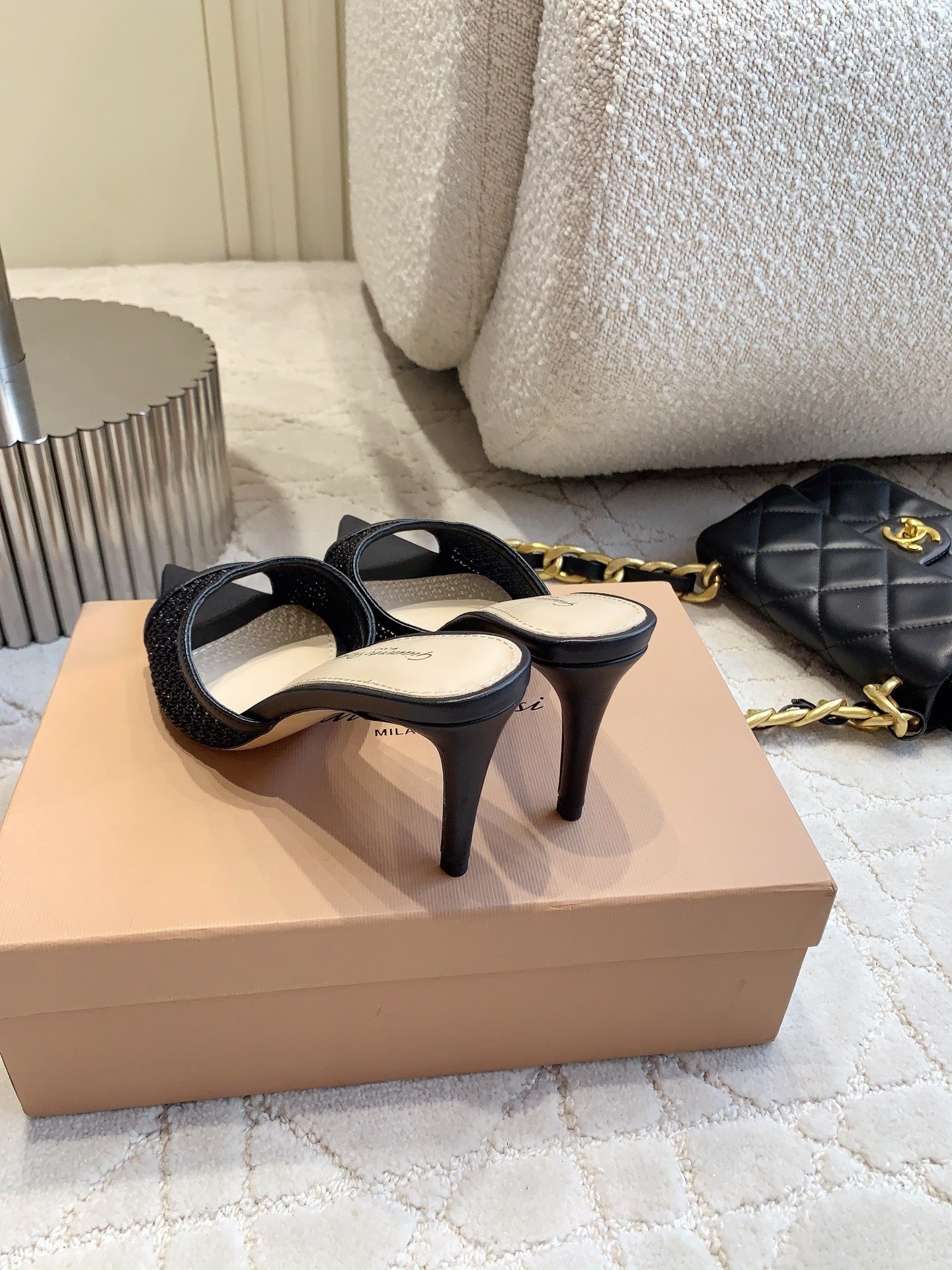 GR Pointed-Toe Mule Sandals 8.5cm Black Cowhide & Mesh 854881