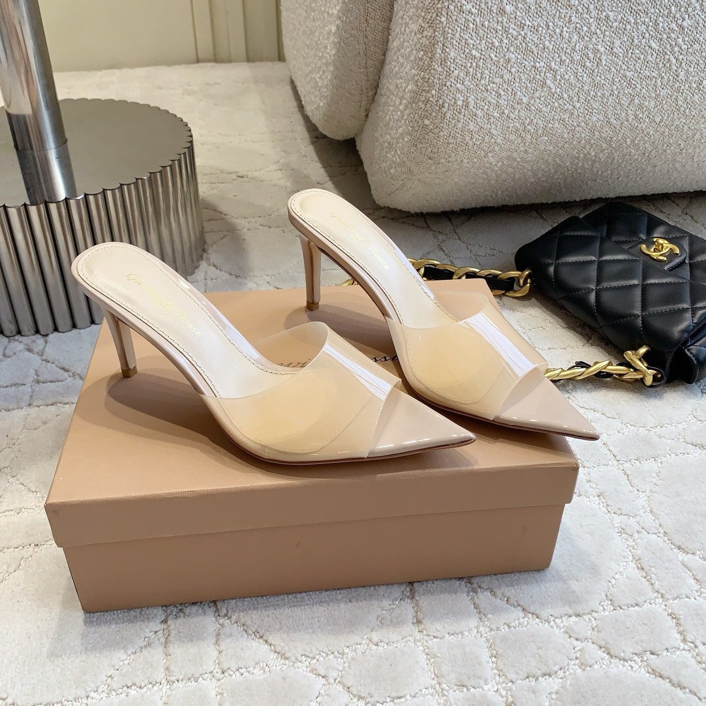 GR Pointed-Toe Mule Sandals 8.5cm Beige Patent Cowhide & PVC 851876