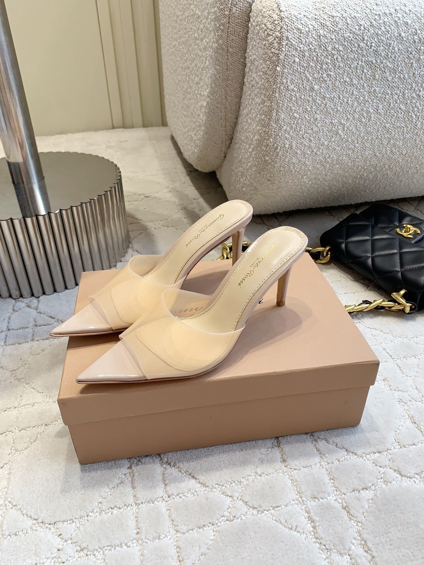 GR Pointed-Toe Mule Sandals 8.5cm Beige Patent Cowhide & PVC 851876