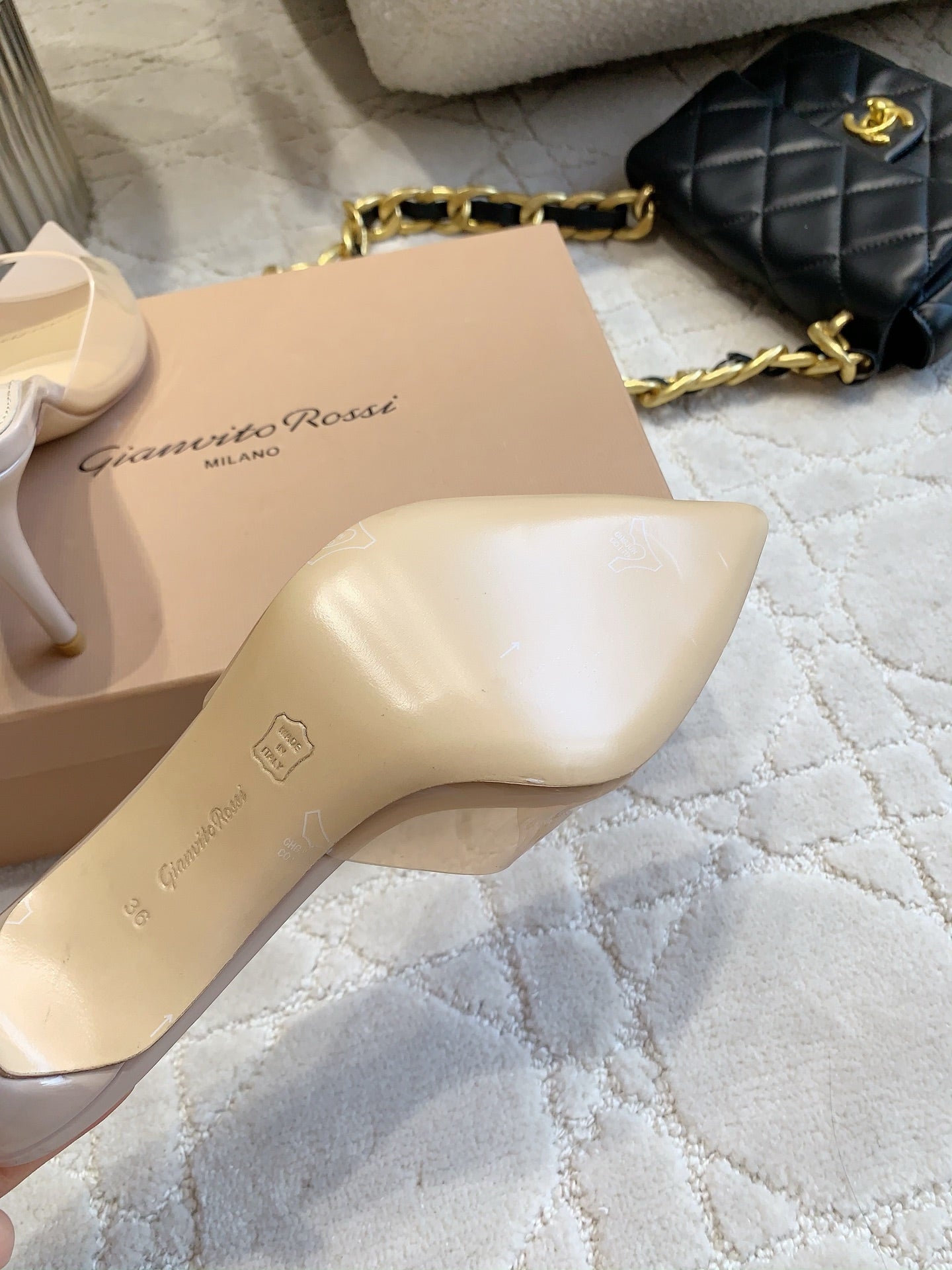 GR Pointed-Toe Mule Sandals 8.5cm Beige Patent Cowhide & PVC 851876