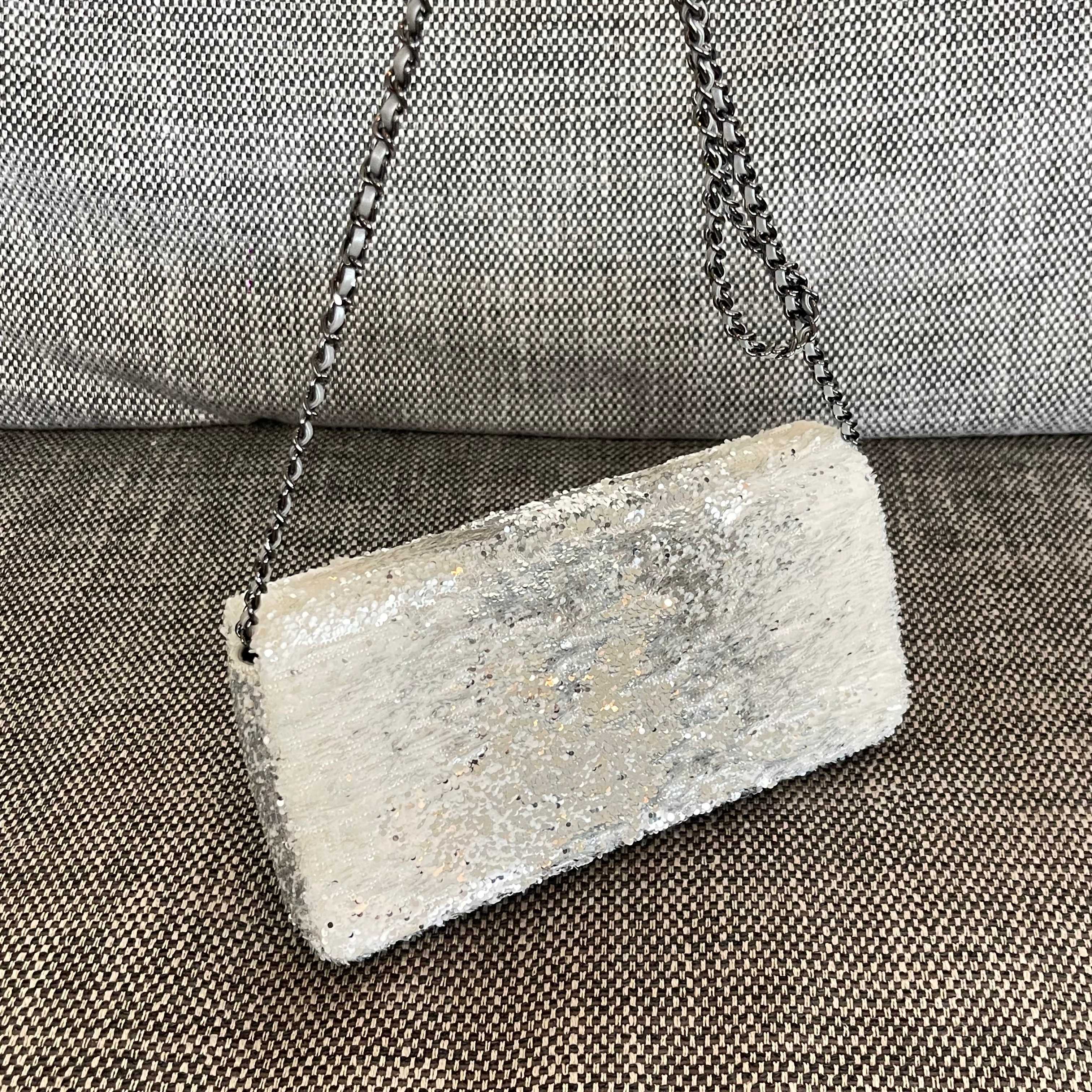CC Flap Shoulder Bag 24cm Silver White Sequins