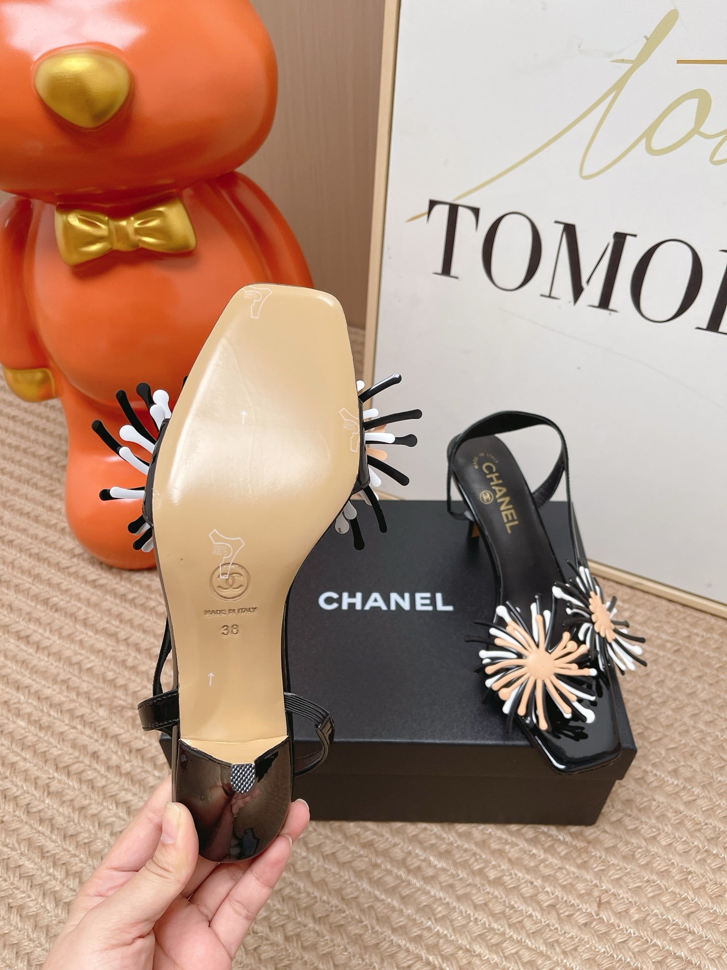 CC Floral Square-Toe Slingback Pumps Black Patent Lambskin 854579