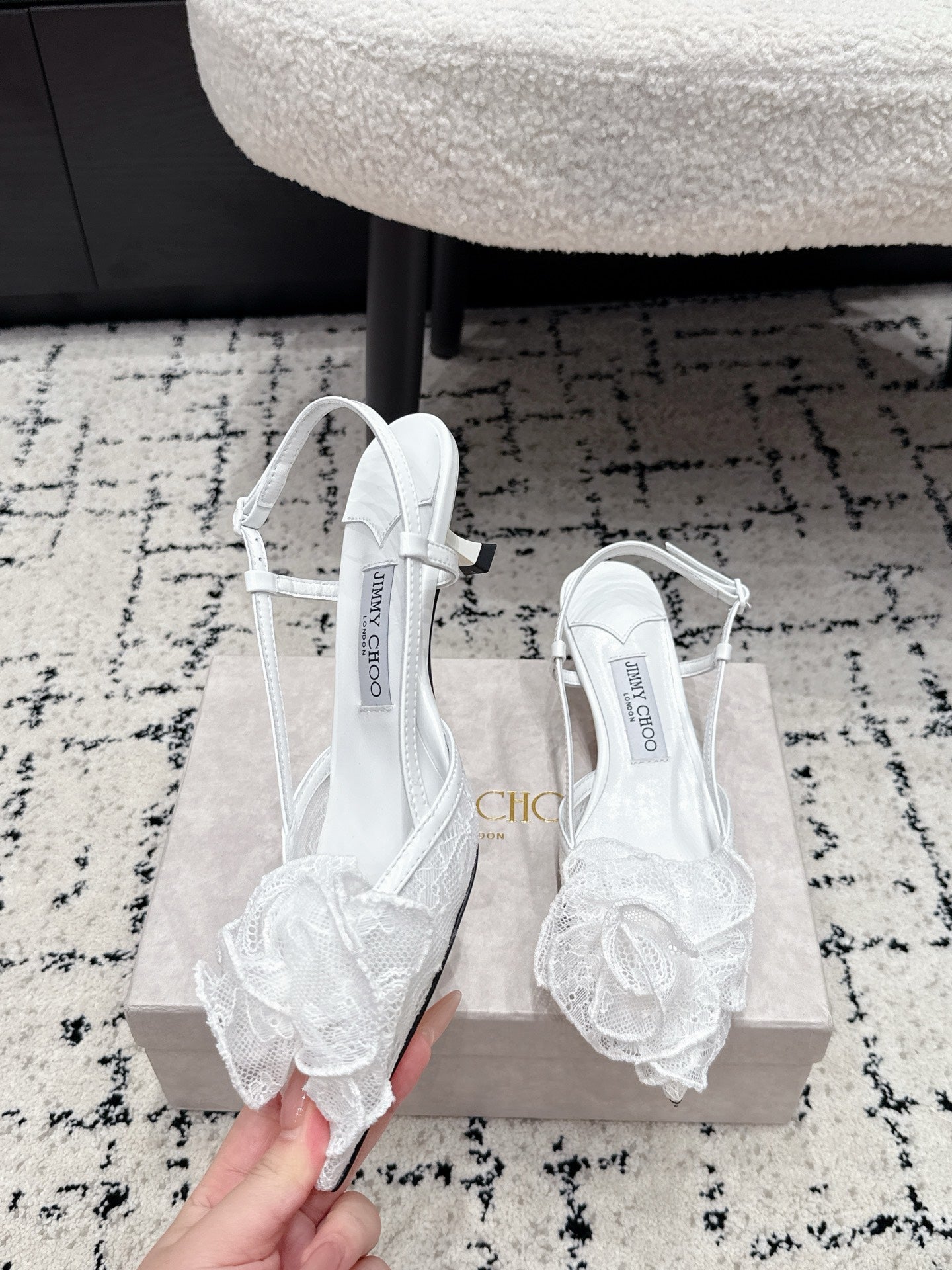 JC Mimmi Slingback Pumps Floral Appliqué 5.5cm White Lace 858433
