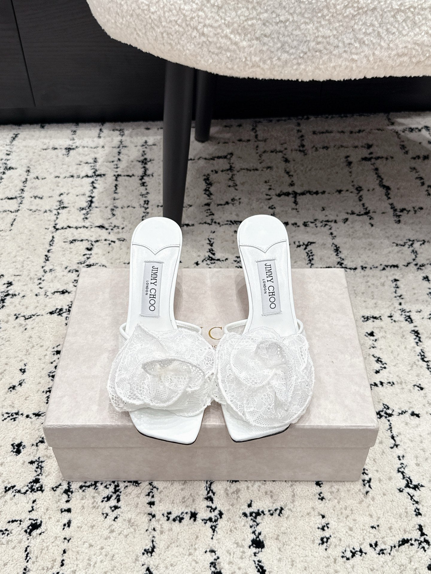 JC 26SS Floral Appliqué Mules 6.5cm White Lace 858429