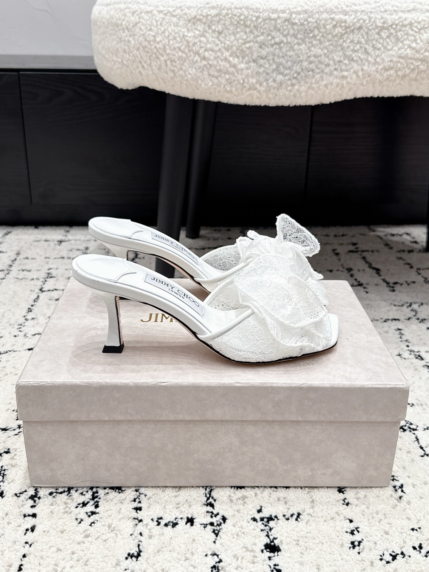 JC 26SS Floral Appliqué Mules 6.5cm White Lace 858429