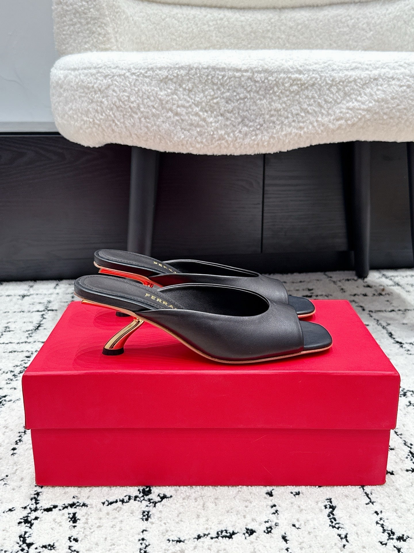 FG 26SS Logo Peep Toe Mules 5.5cm Chocolate Lambskin 858416