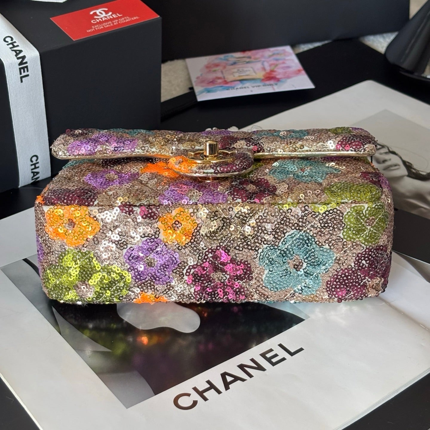 CC Flap Bag Floral 20cm Beige Multicolor Sequin Leather GHW 158377
