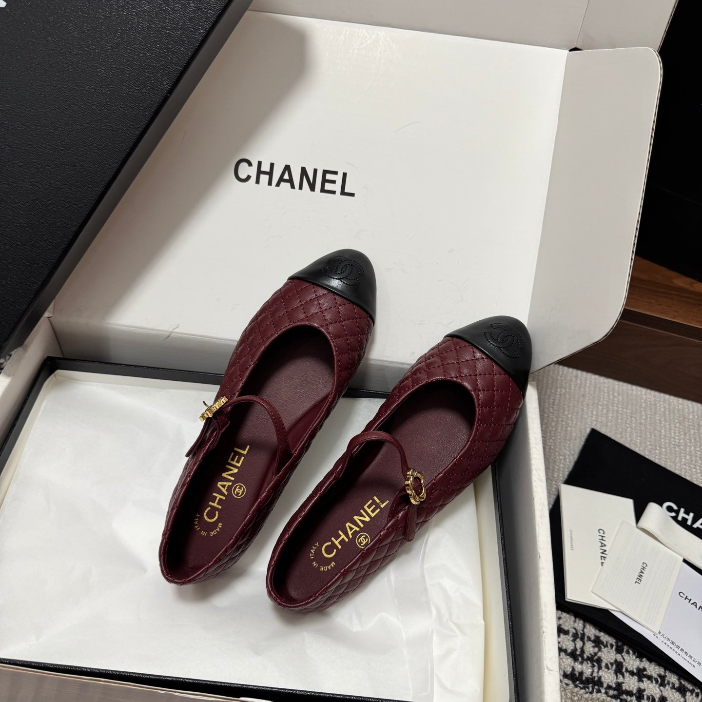CC 25SS Mary Jane Quilted Burgundy Black Lambskin Leather 862427
