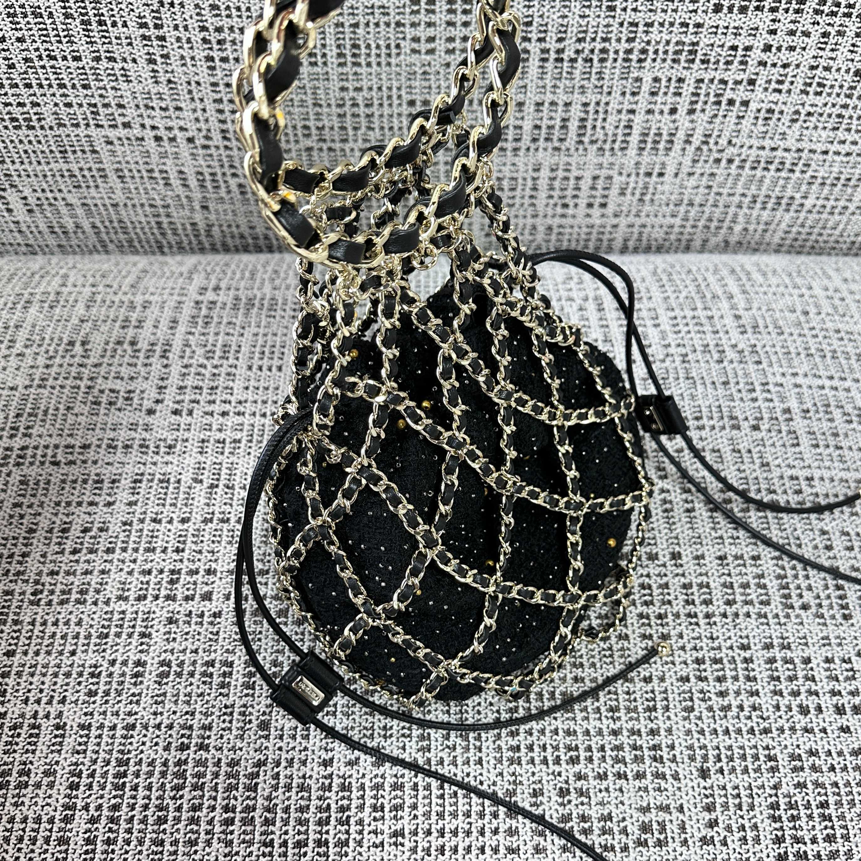 CC 21PF Chain Link Net Bag Drawstring Black Tweed Lambskin & Chain