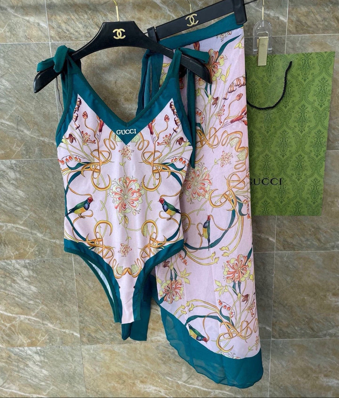 GG Floral & Bird Print Swimsuit and Sarong Set Pink Green 330762
