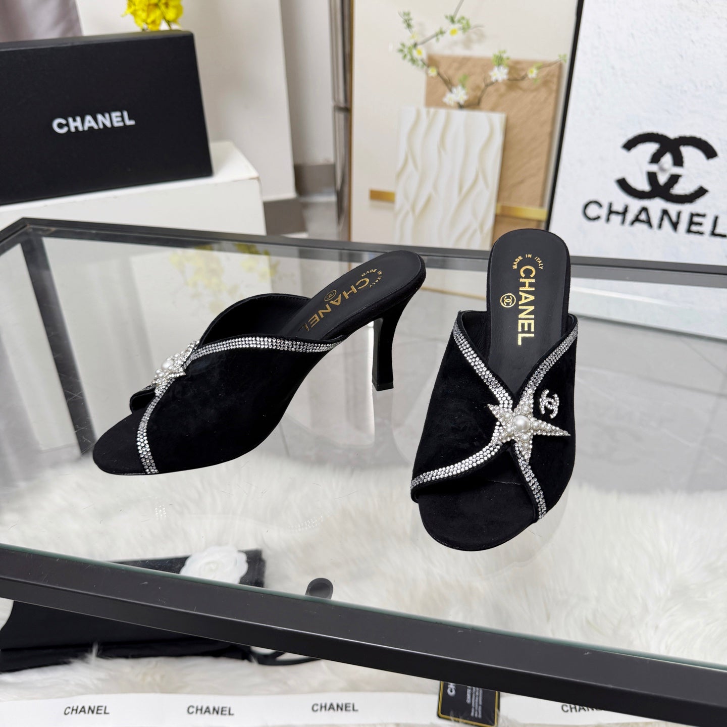 CC Star Brooch Mules Black Cashmere Leather 872824