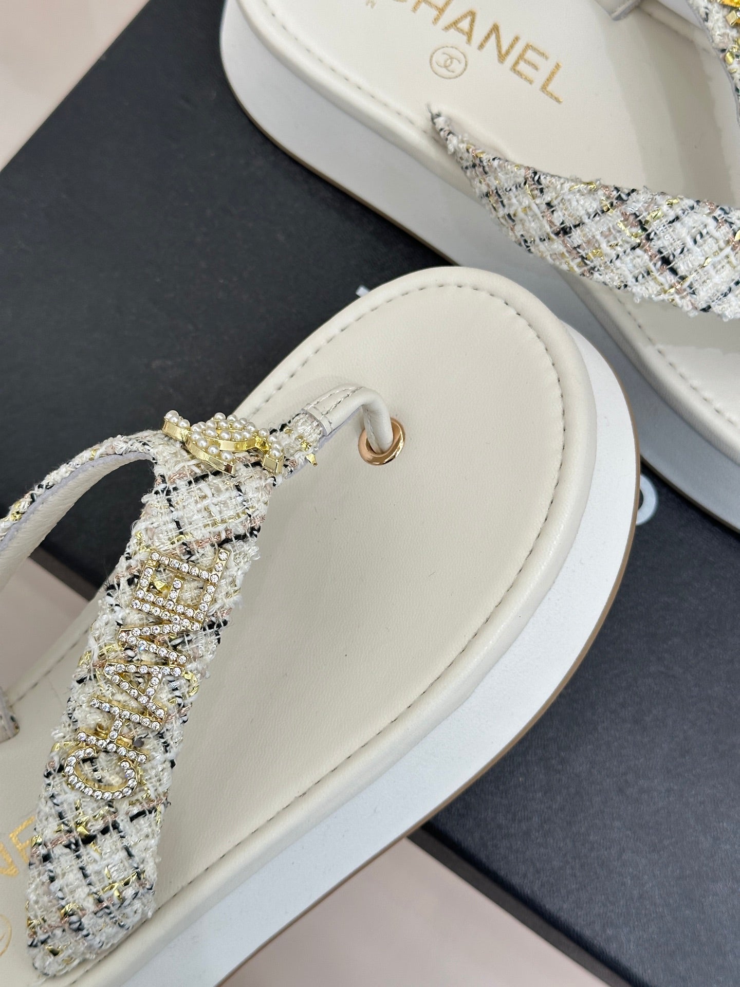 CC Crystal Logo Platform Thong Sandals White Tweed 887787