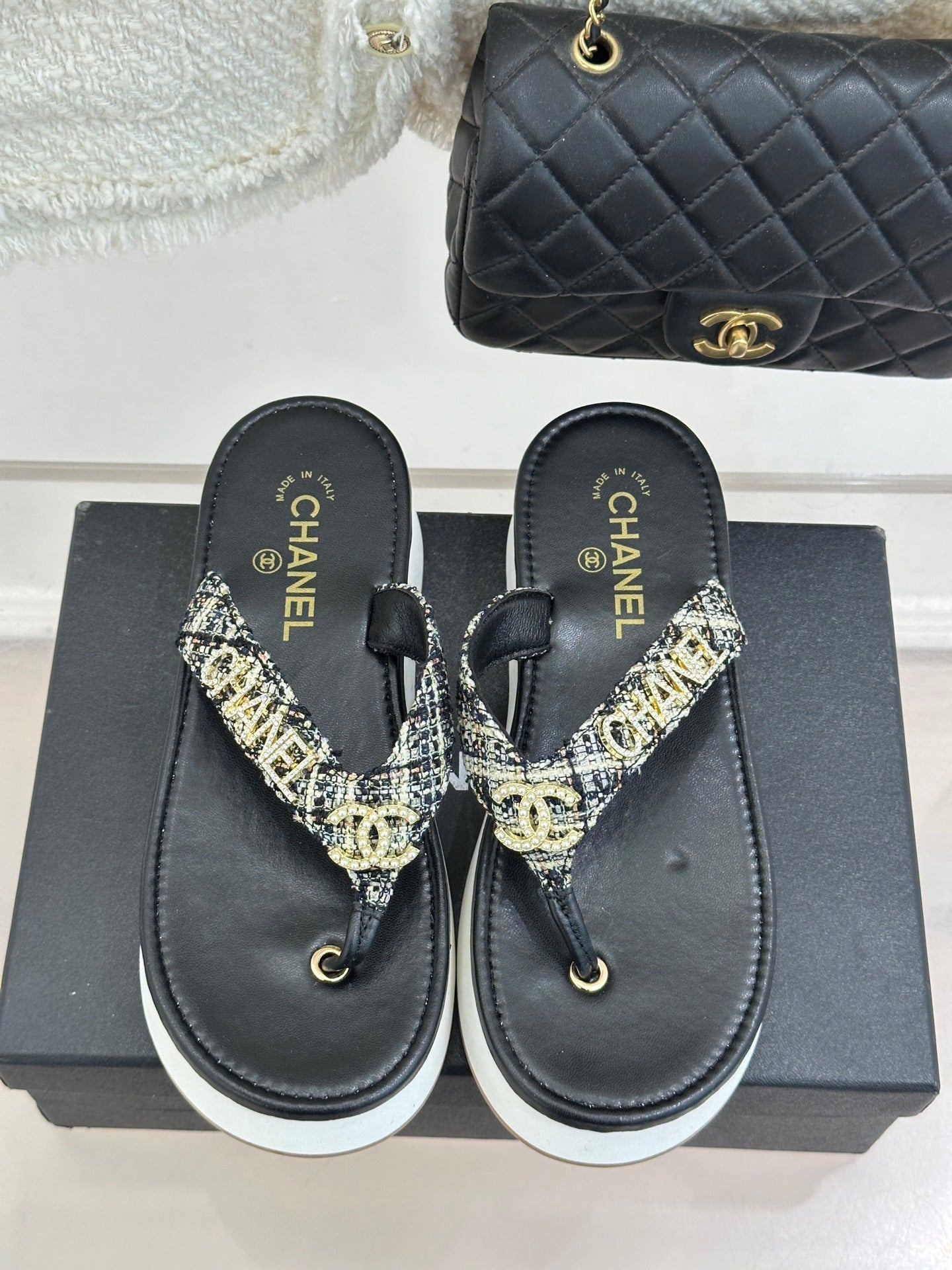 CC Crystal Logo Platform Thong Sandals Black Tweed 887786
