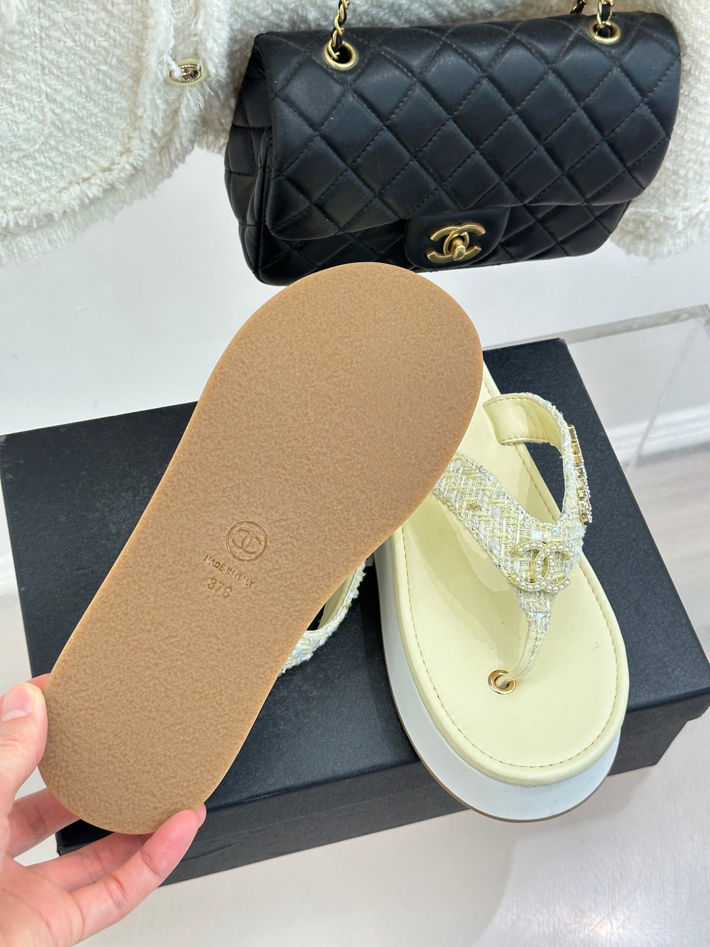 CC Crystal Logo Platform Thong Sandals Light Yellow Tweed 887785