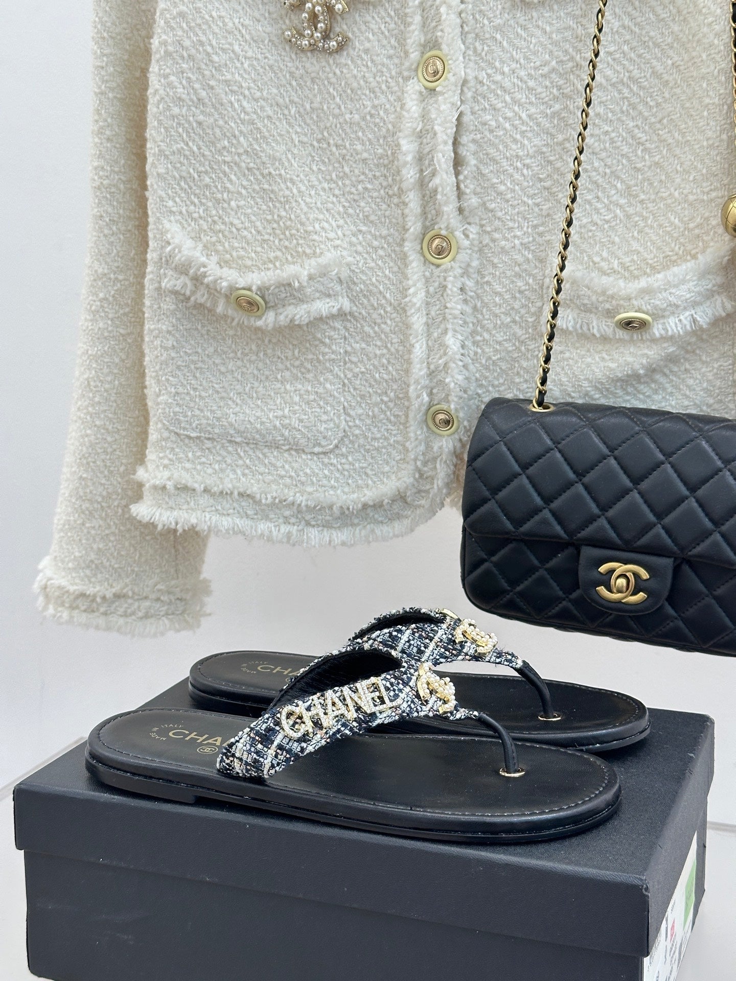 CC Crystal Logo Platform Thong Sandals Flat Black Tweed 887781