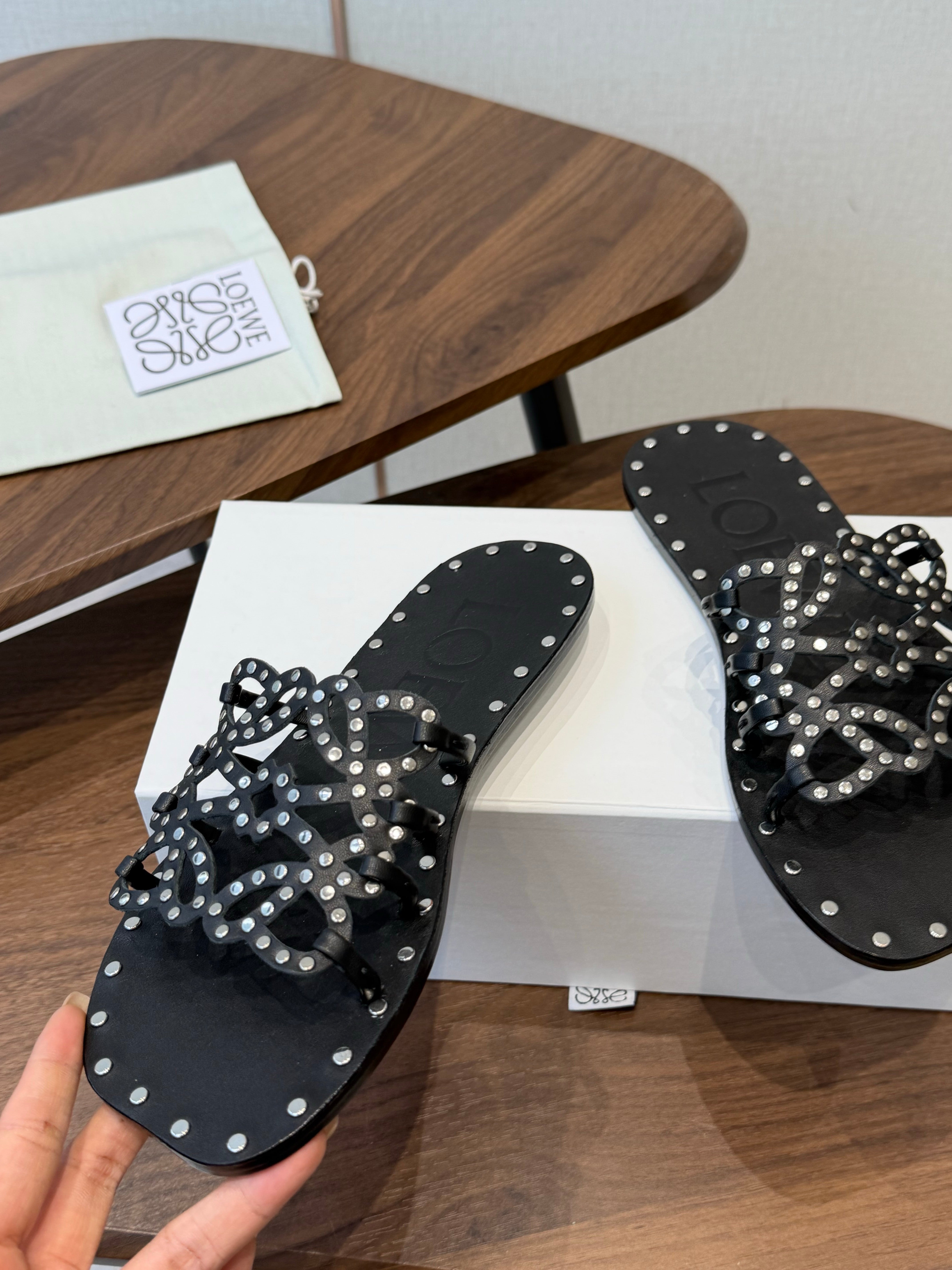 Loew Studded Square Toe Flat Slides Black Leather 889888