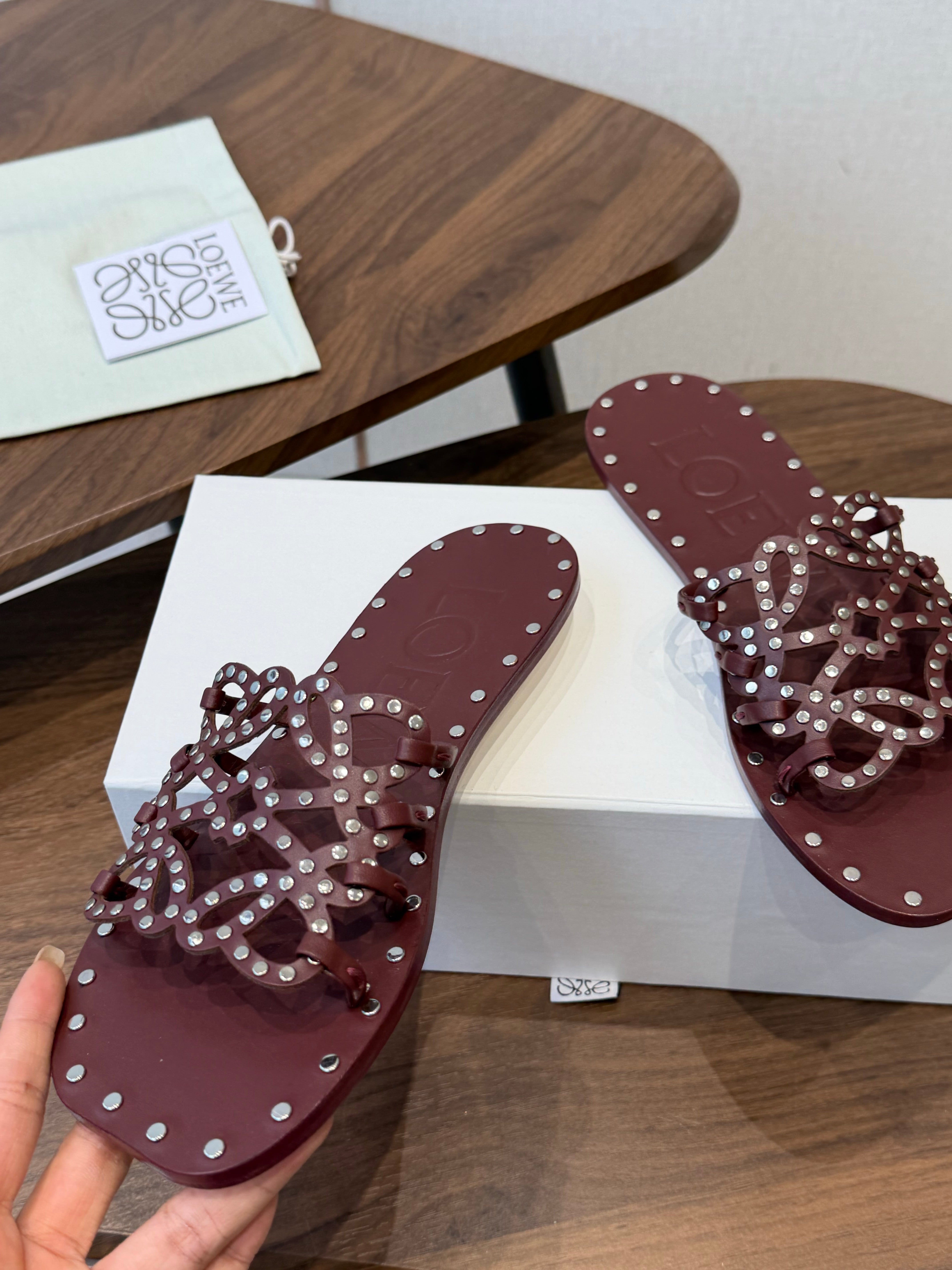 Loew Studded Square Toe Flat Slides Burgundy Leather 889886