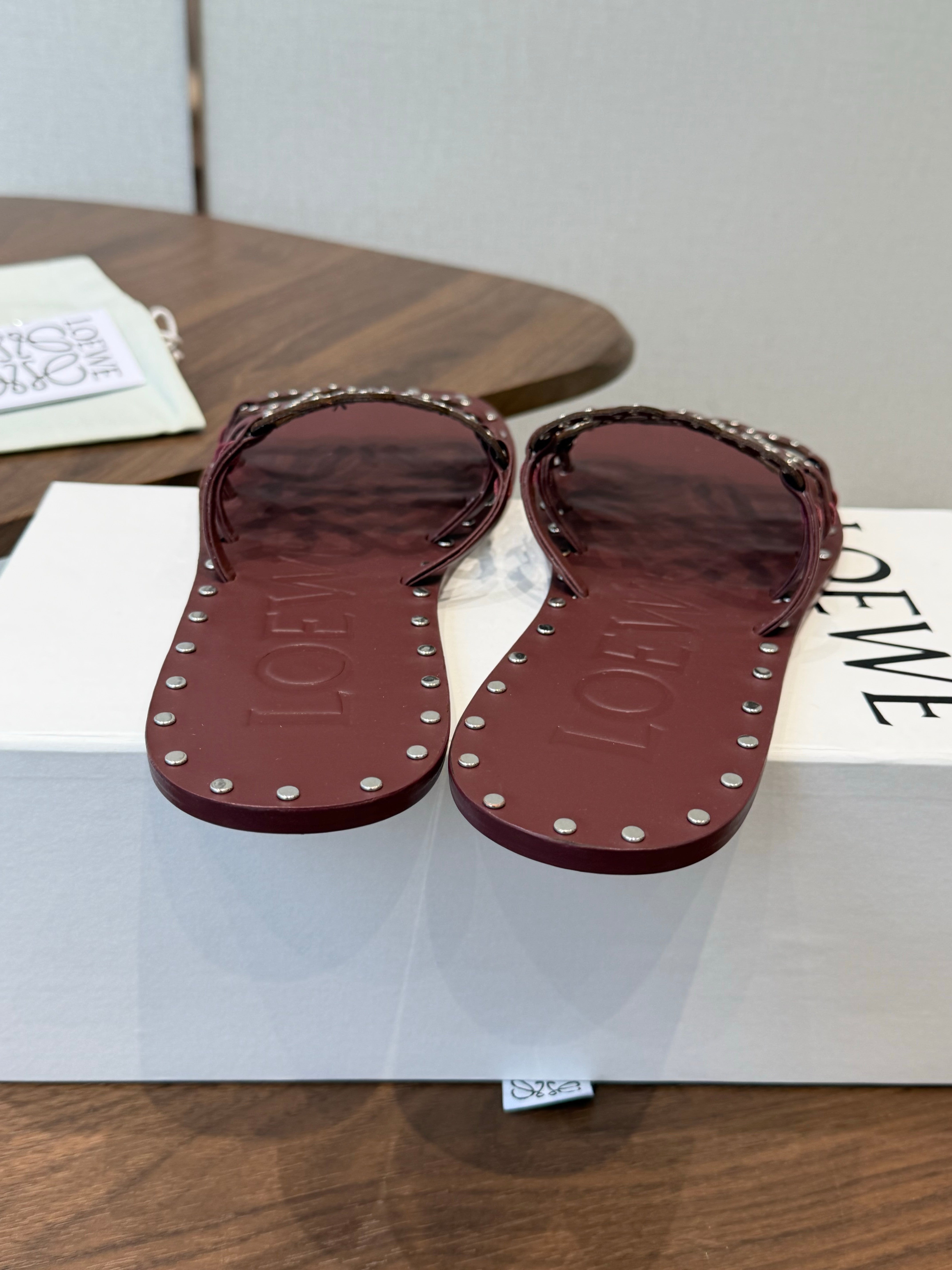Loew Studded Square Toe Flat Slides Burgundy Leather 889886