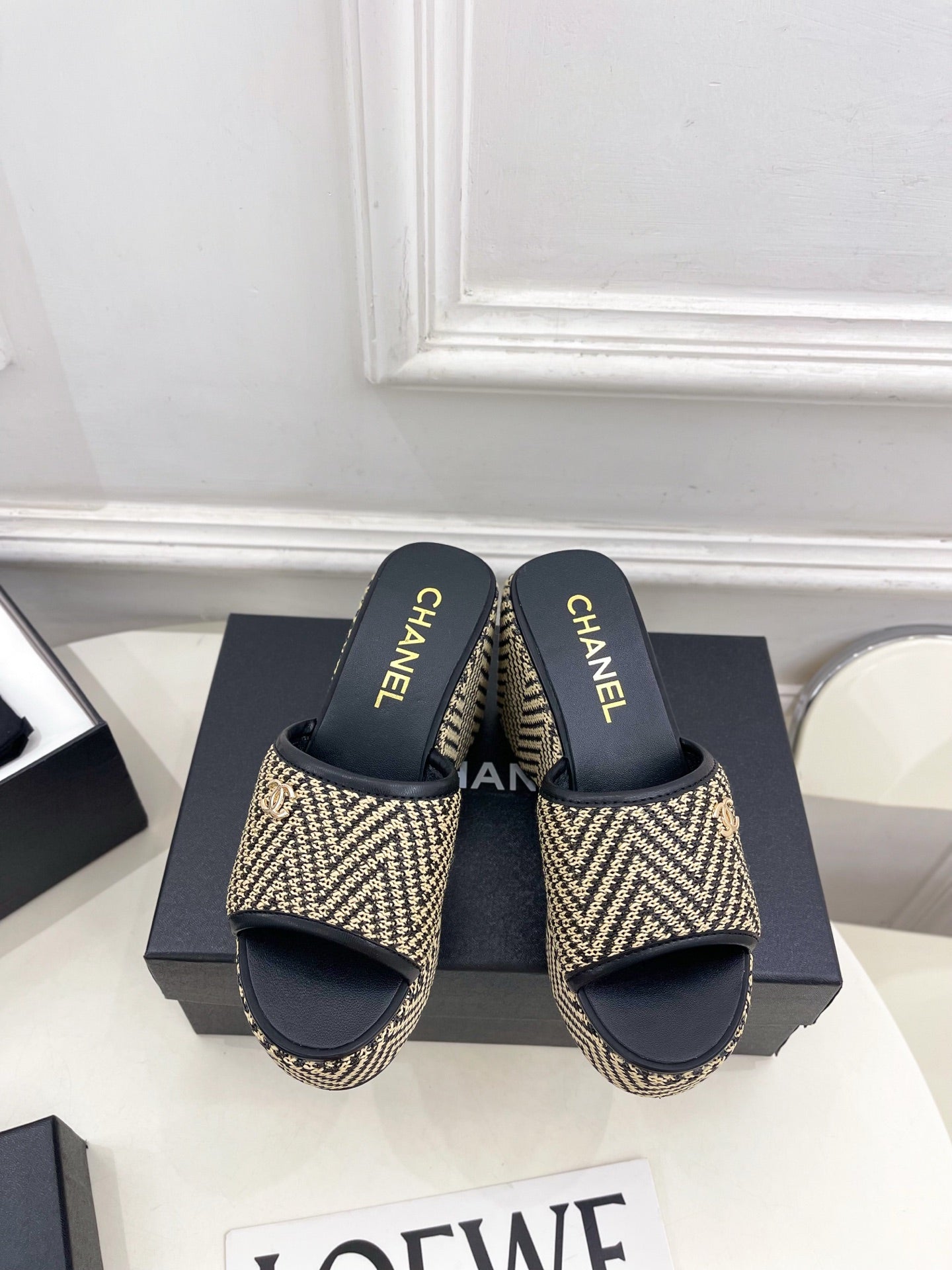 CC Double C Platform Wedge Mules 10cm Black Tweed 891783
