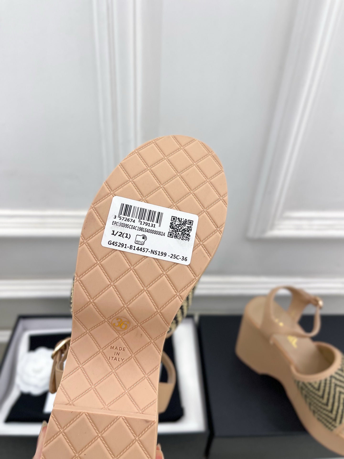 CC Double C Platform Wedge Sandals 10cm Beige Tweed 891782
