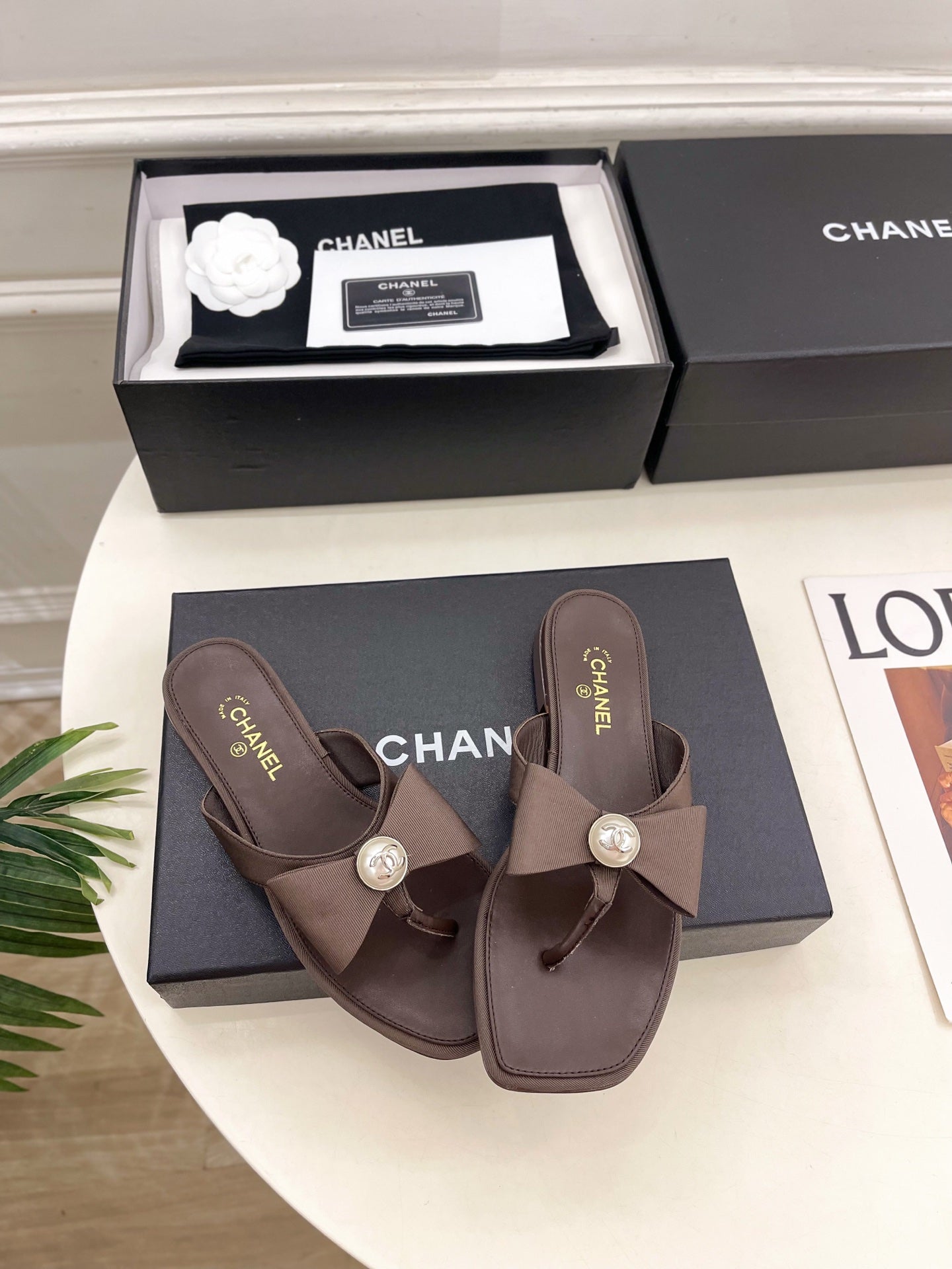 CC Pearl Bow Thong Flat Sandals Brown Satin 891778