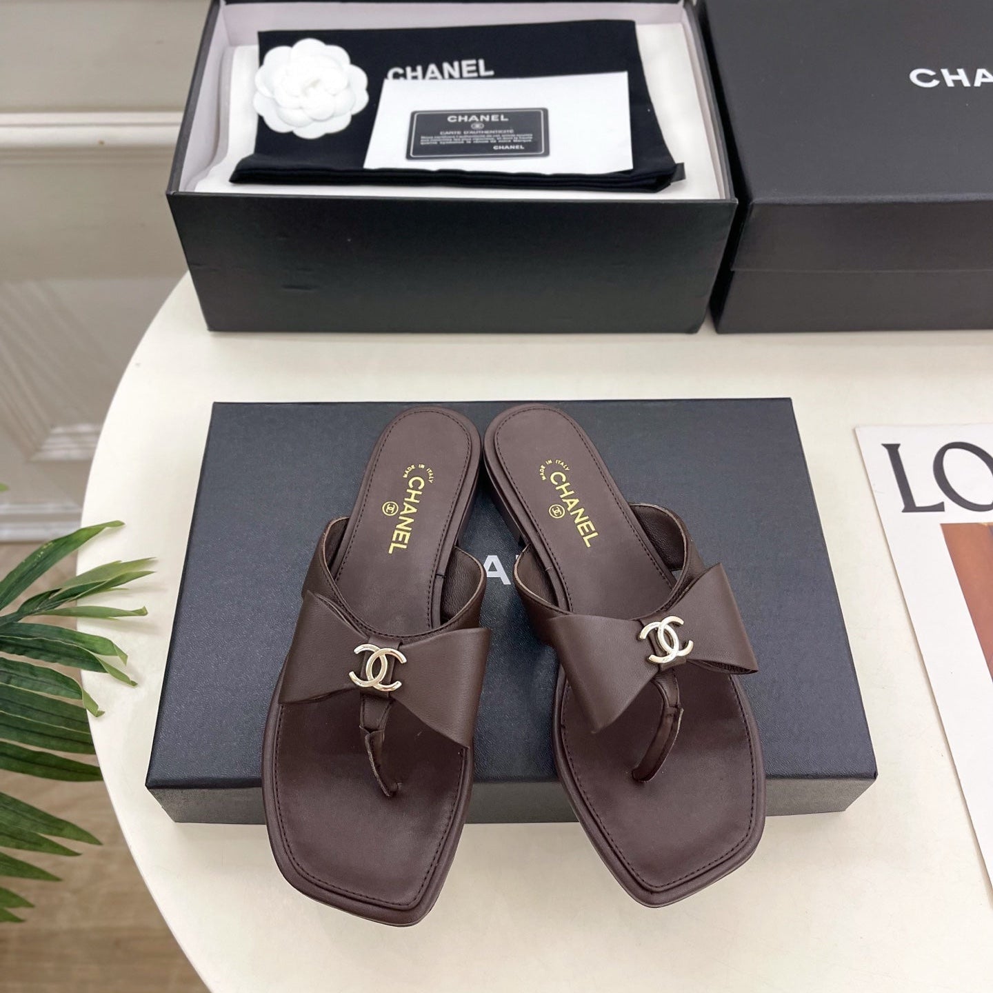CC Bow Thong Flat Sandals Brown Leather 891772