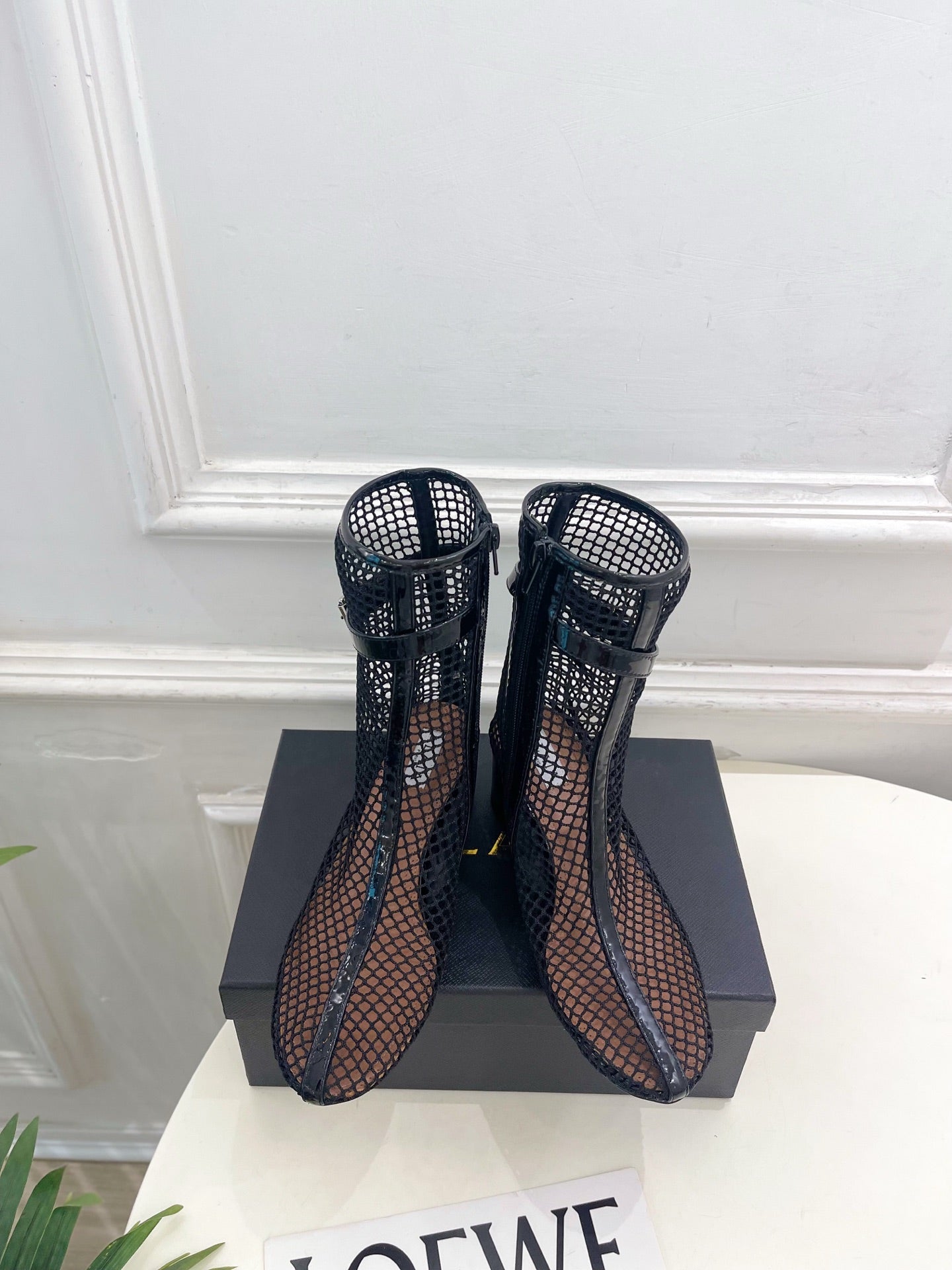 Alaia Boots 5.5cm Fishnet Ankle Boots Black Mesh Patent Leather 892042