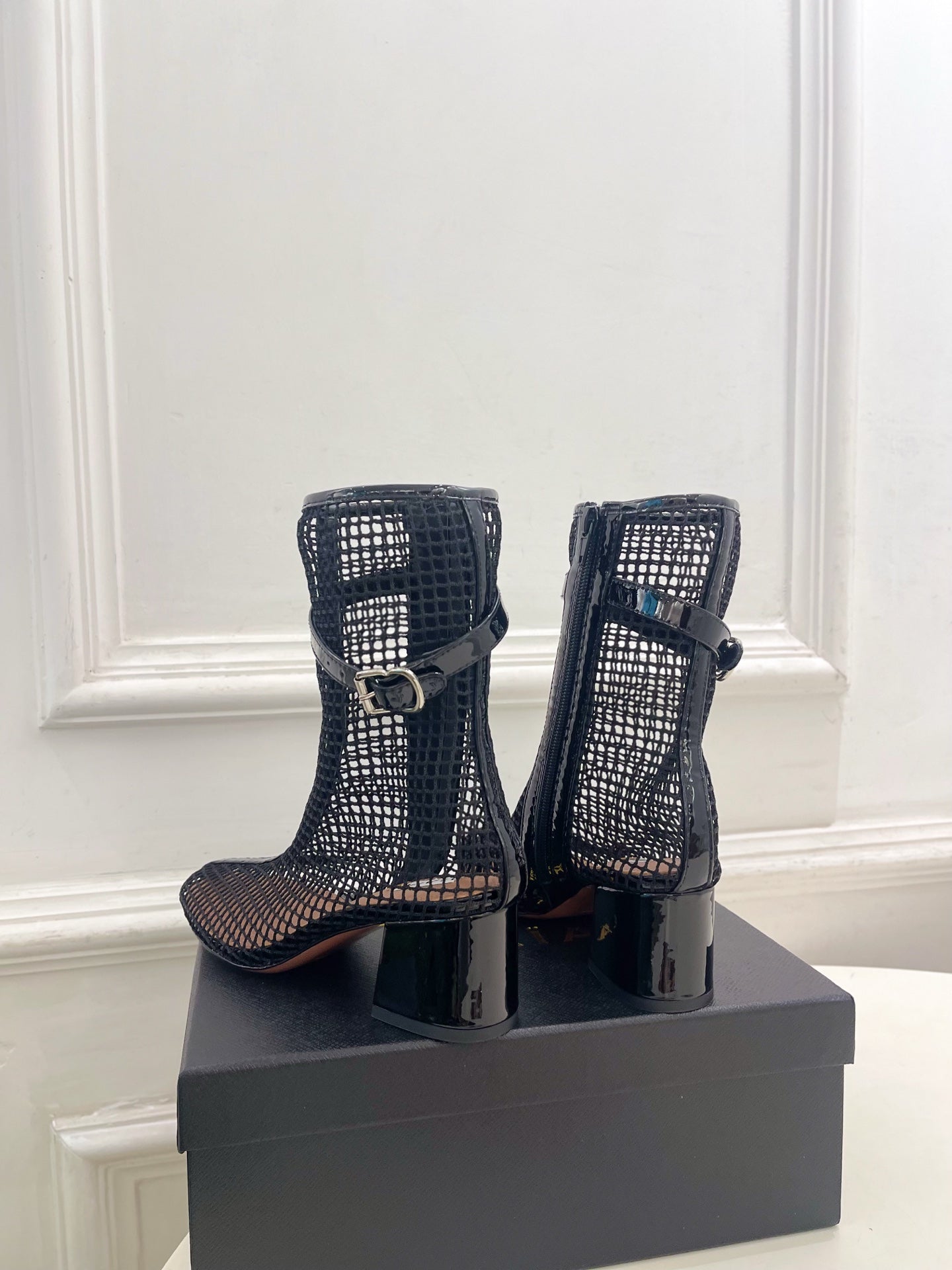 Alaia Boots 5.5cm Fishnet Ankle Boots Black Mesh Patent Leather 892042