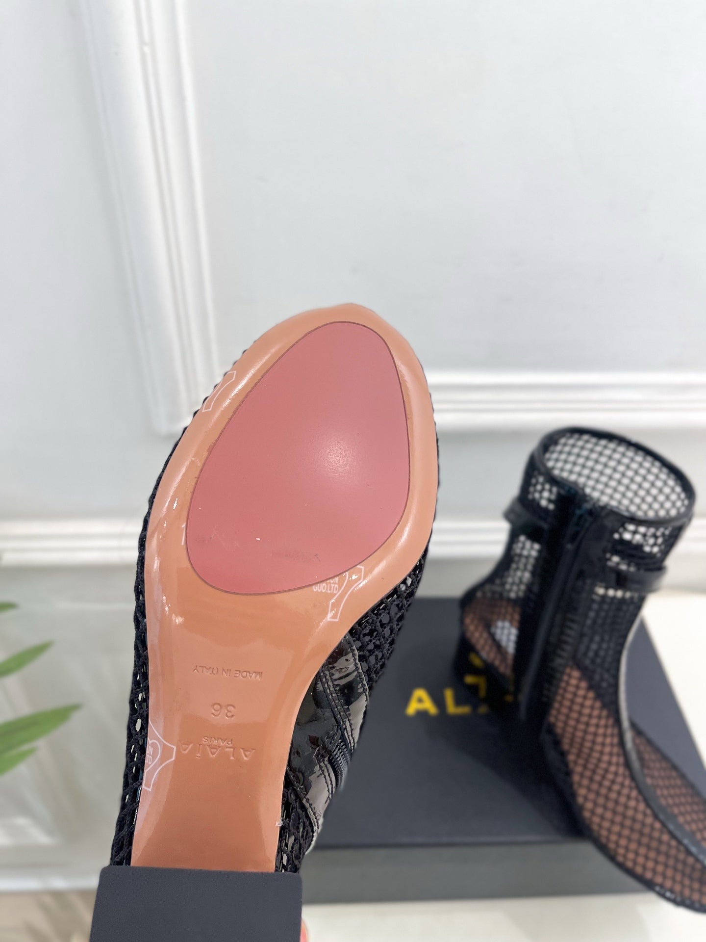 Alaia Boots 5.5cm Fishnet Ankle Boots Black Mesh Patent Leather 892042