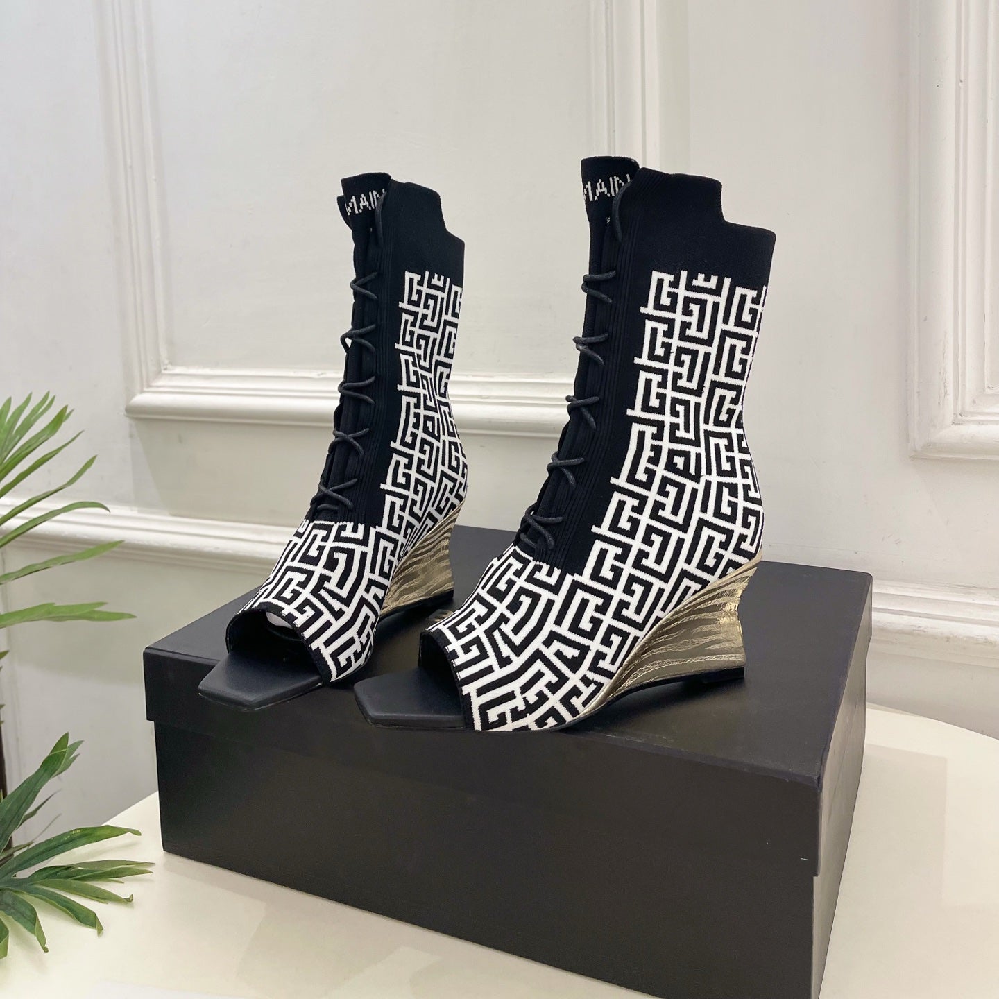 BM Moneta Monogram Knit Boots Black White Custom Knit Fabric 892301