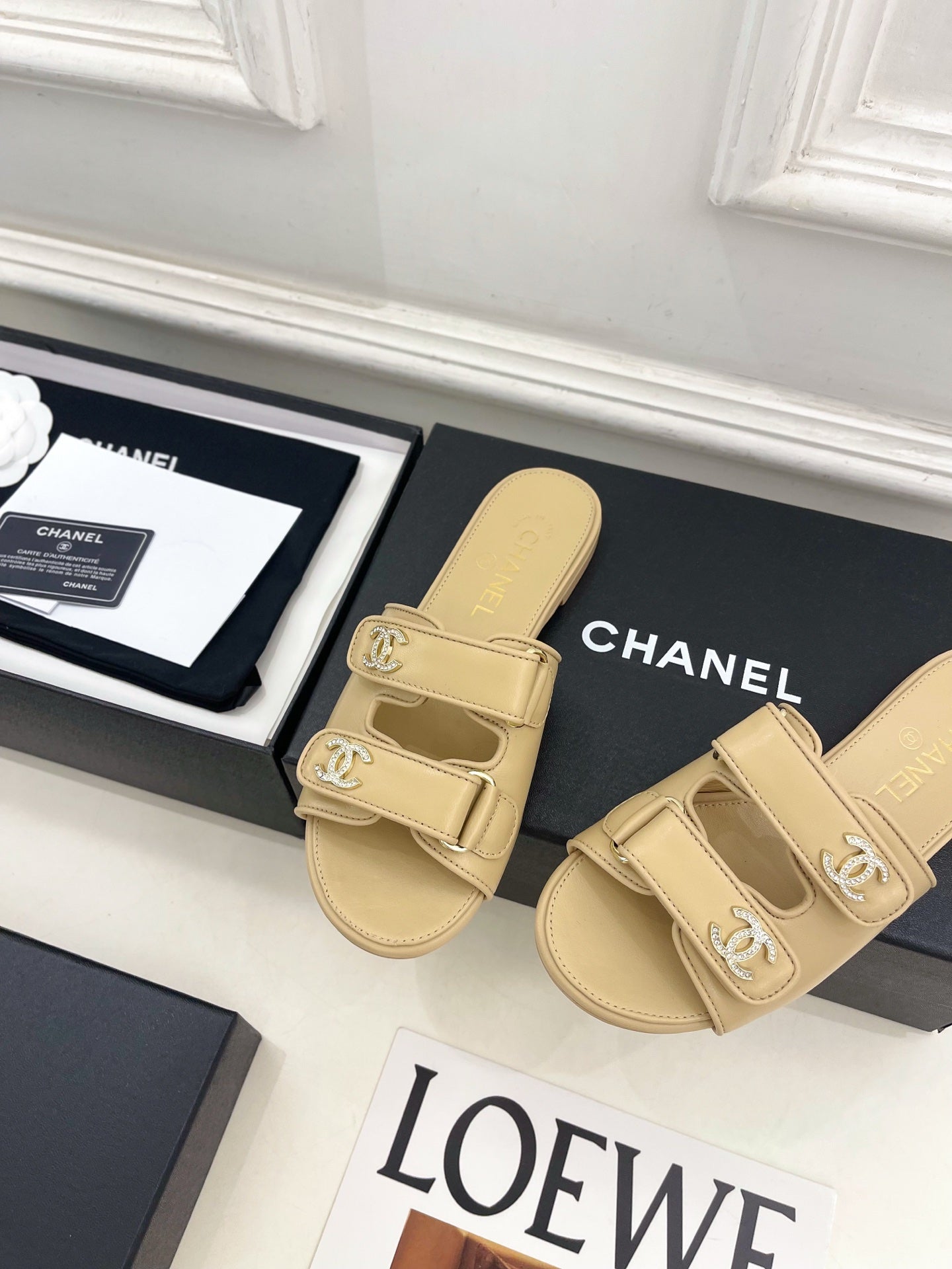 CC Crystal Double C Velcro Flat Mules Beige Lambskin 891667