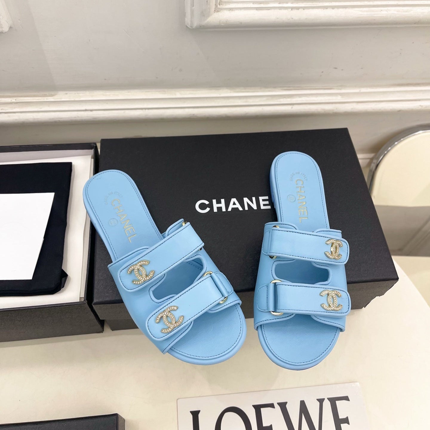 CC Crystal Double C Velcro Flat Mules Blue Lambskin 891666