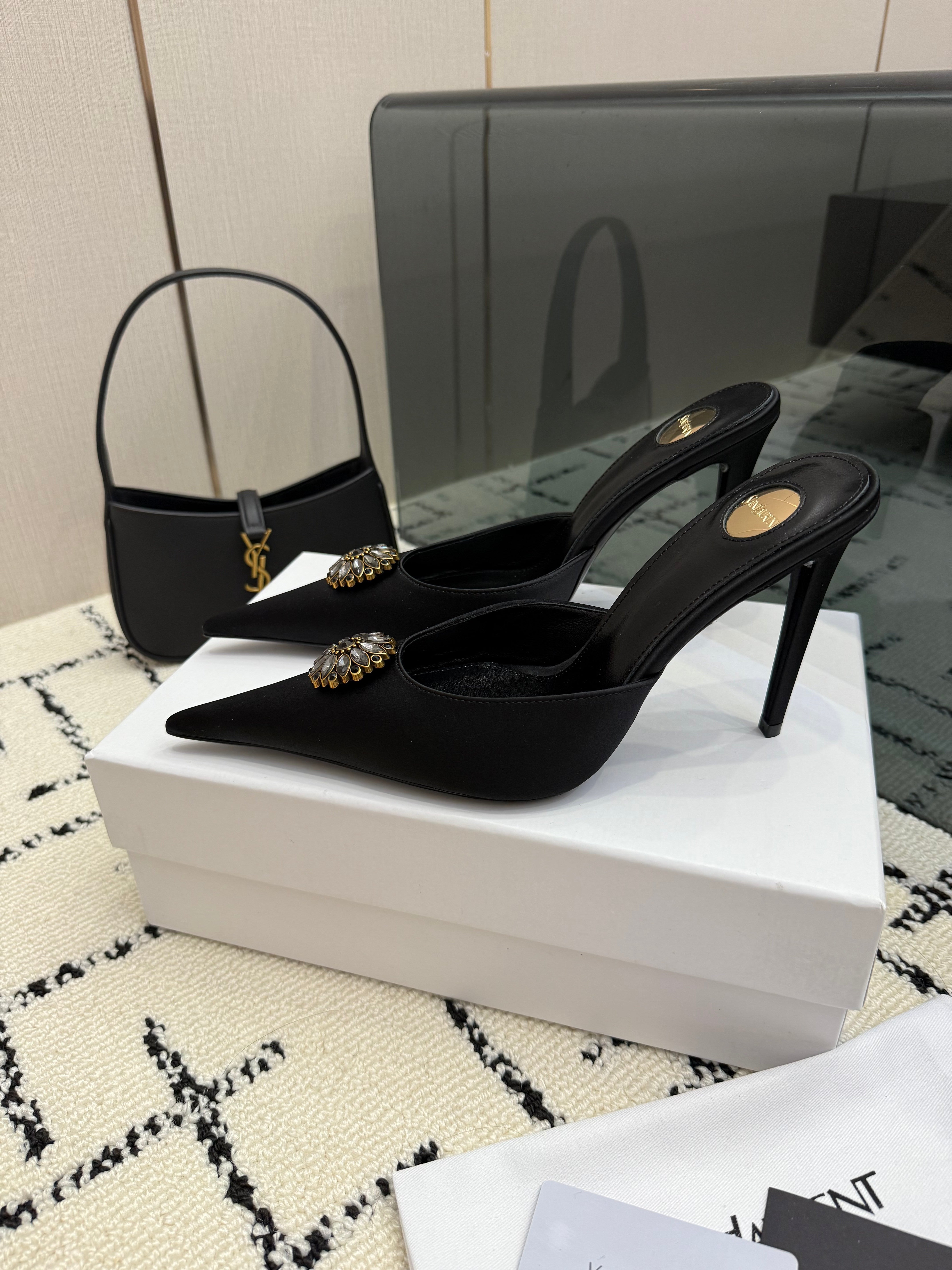 YSL Cosmo Crystal Mules 100mm Black Calfskin Leather 894619