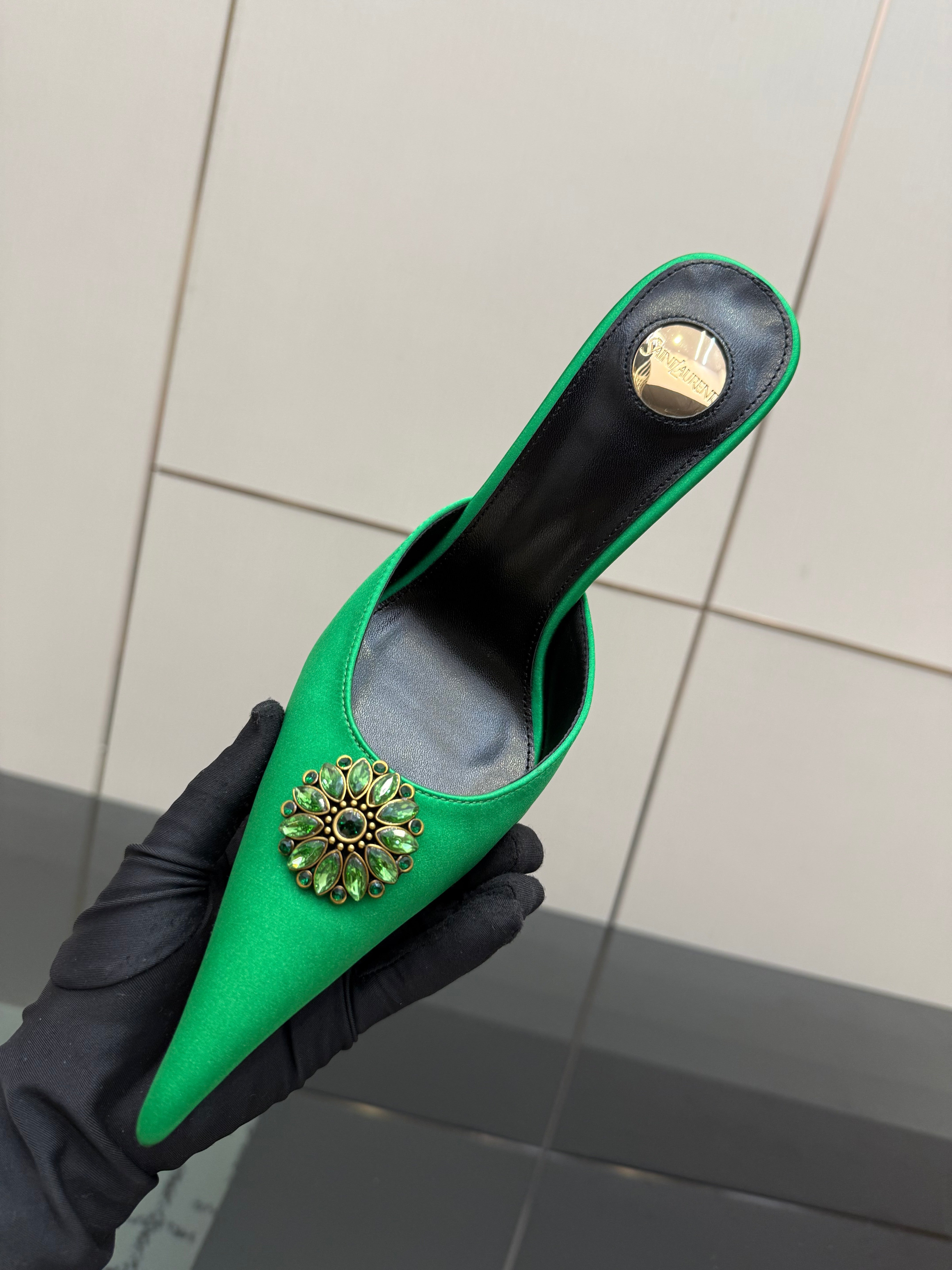 YSL Cosmo Crystal Mules 100mm Green Calfskin Leather 894617