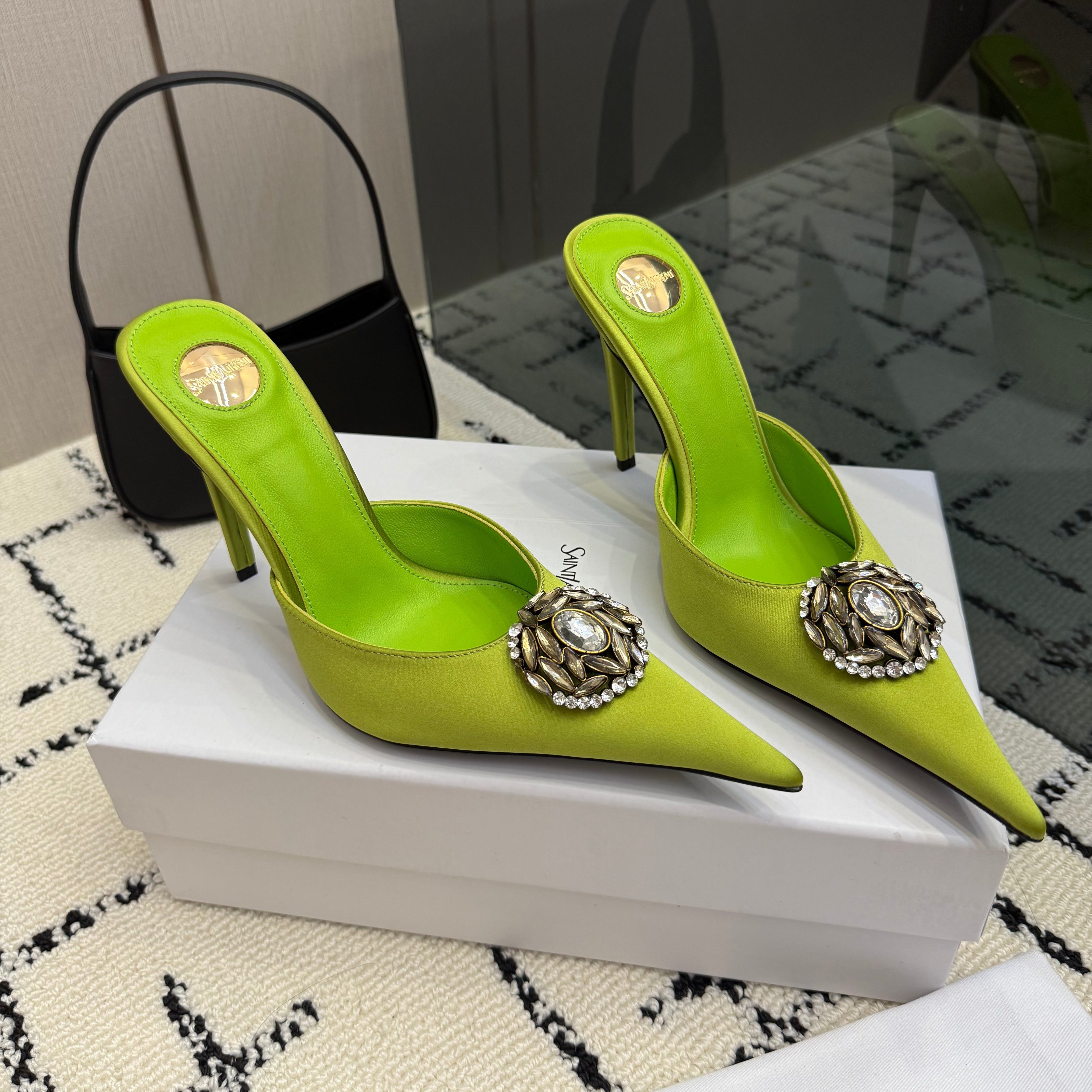 YSL Cosmo Crystal Mules 100mm Olive Green Calfskin Leather 894616