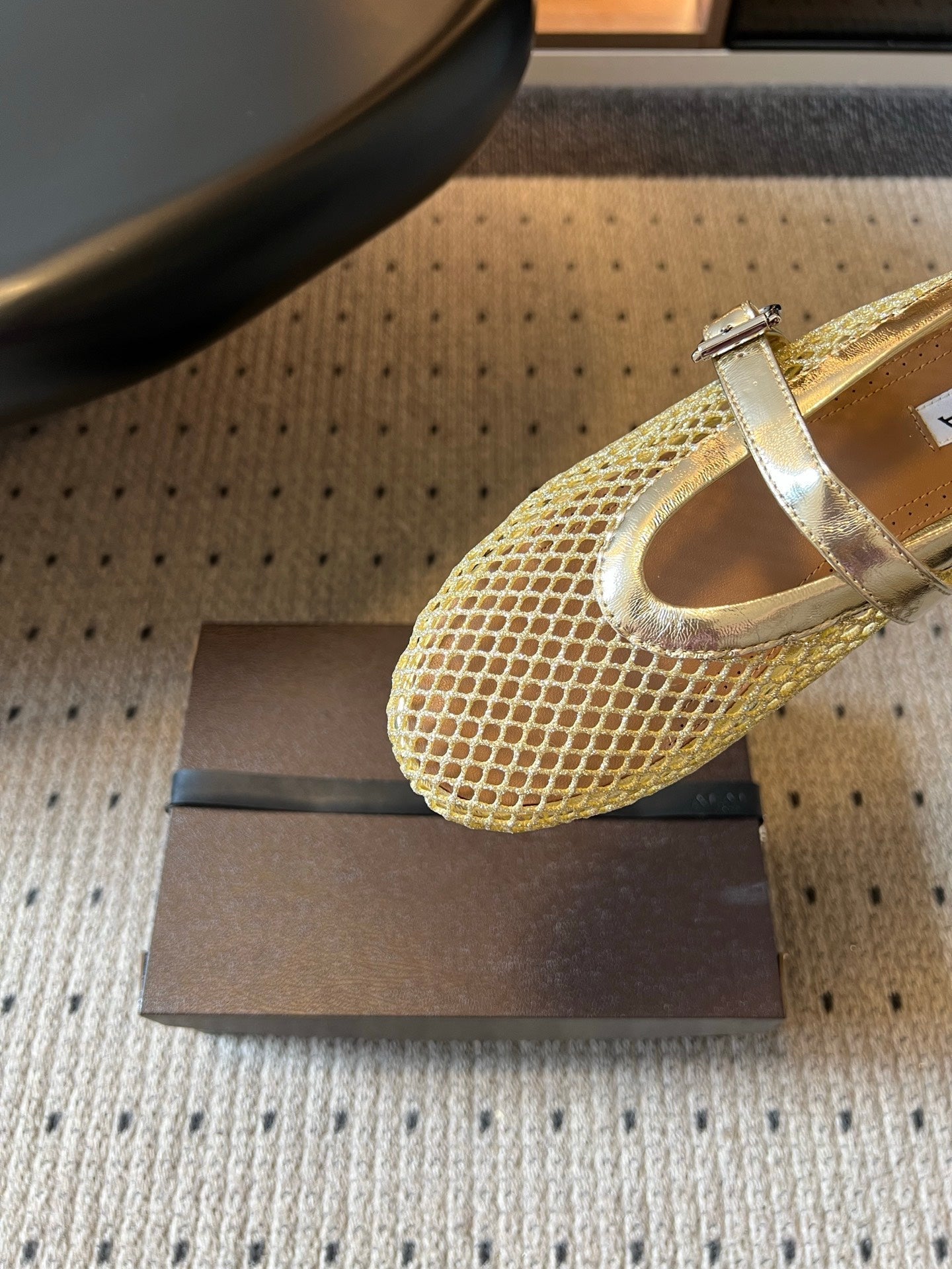Alaia 26ss Fishnet Ballet Flats Metallic Patent Leather