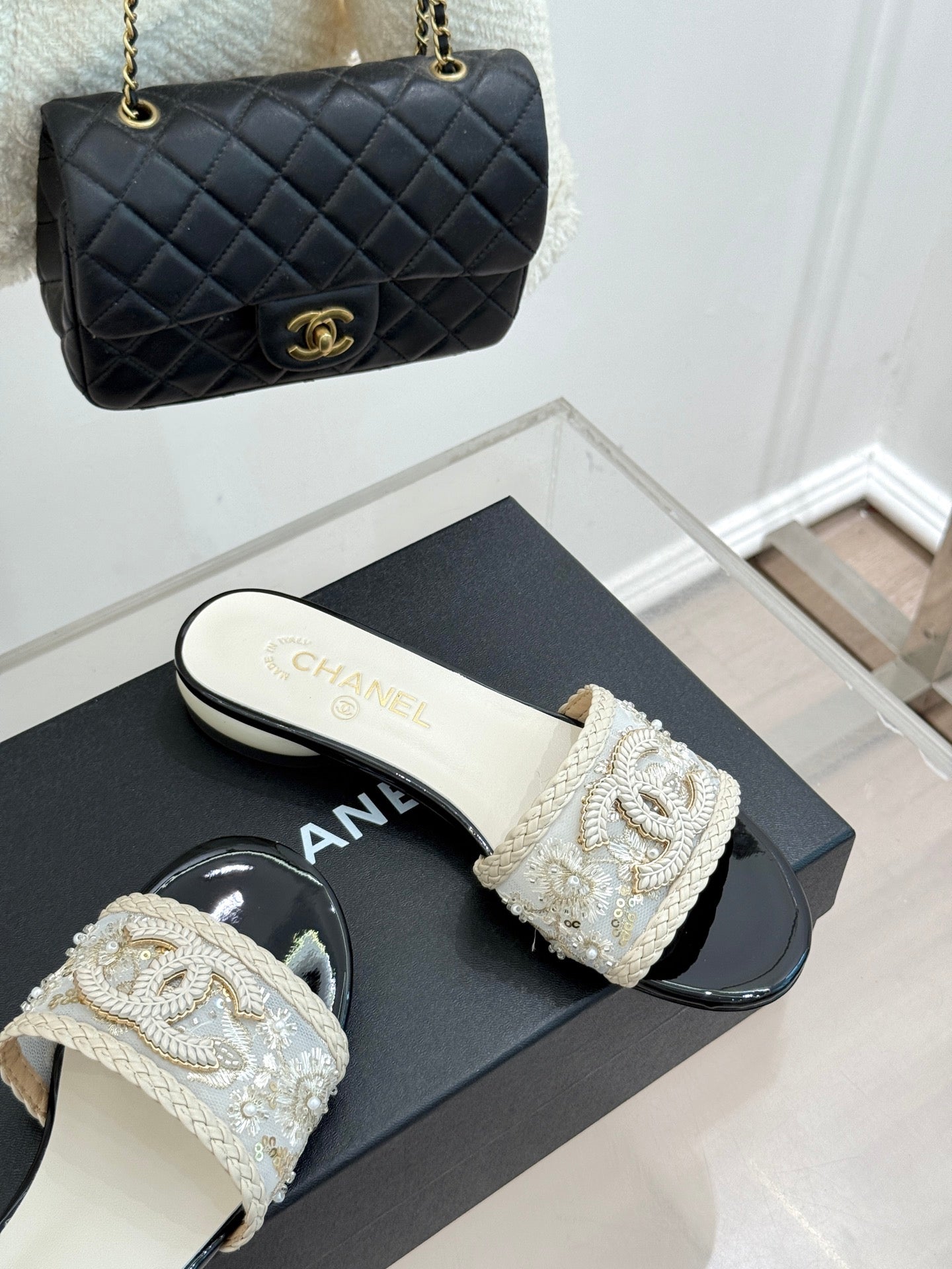CC Pearl Heel Beaded Embroidered Slides White Lambskin 904677