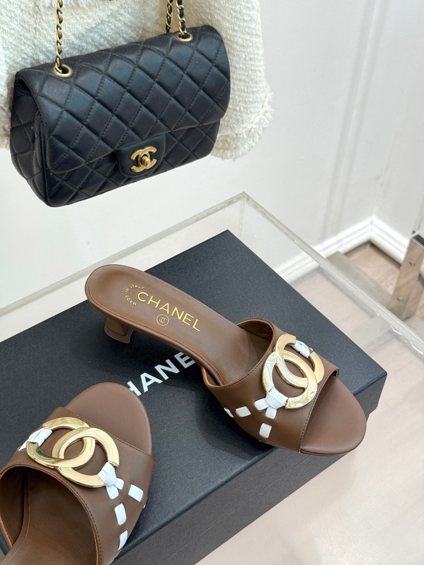 CC Flared Heel Mules Brown Lambskin Leather 904664