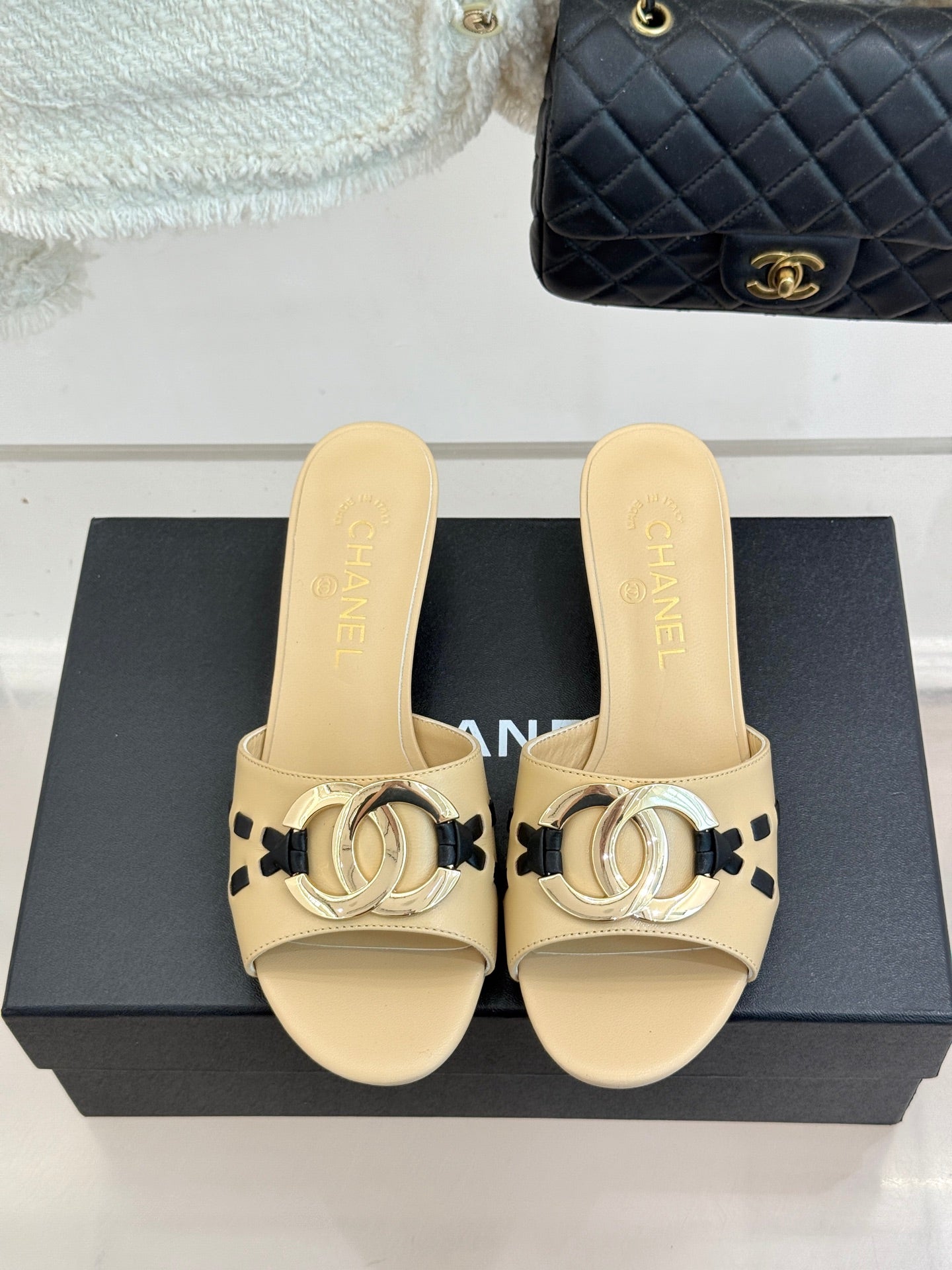 CC Flared Heel Mules Beige Lambskin Leather 904663