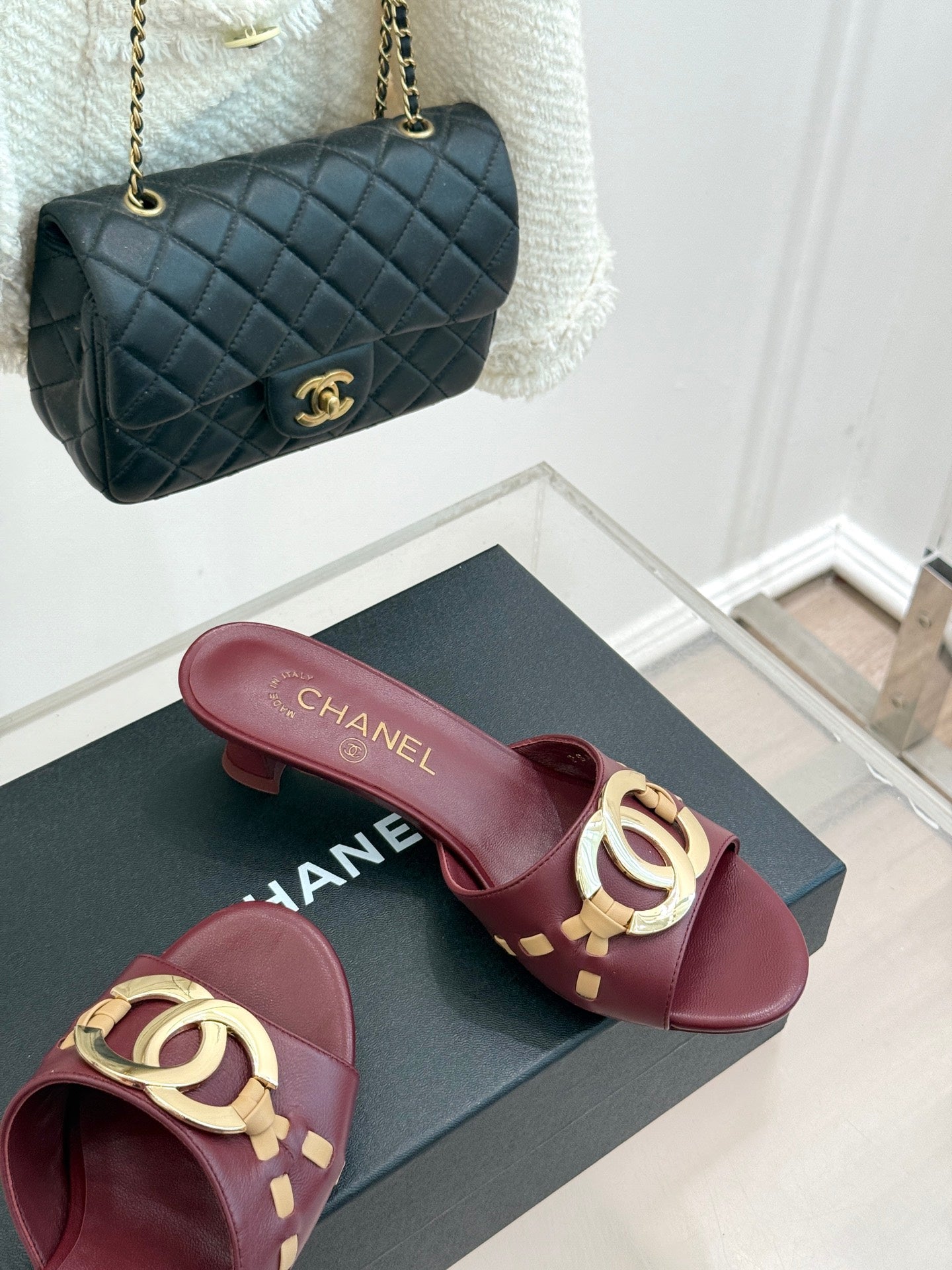CC Flared Heel Mules Burgundy Lambskin Leather 904662