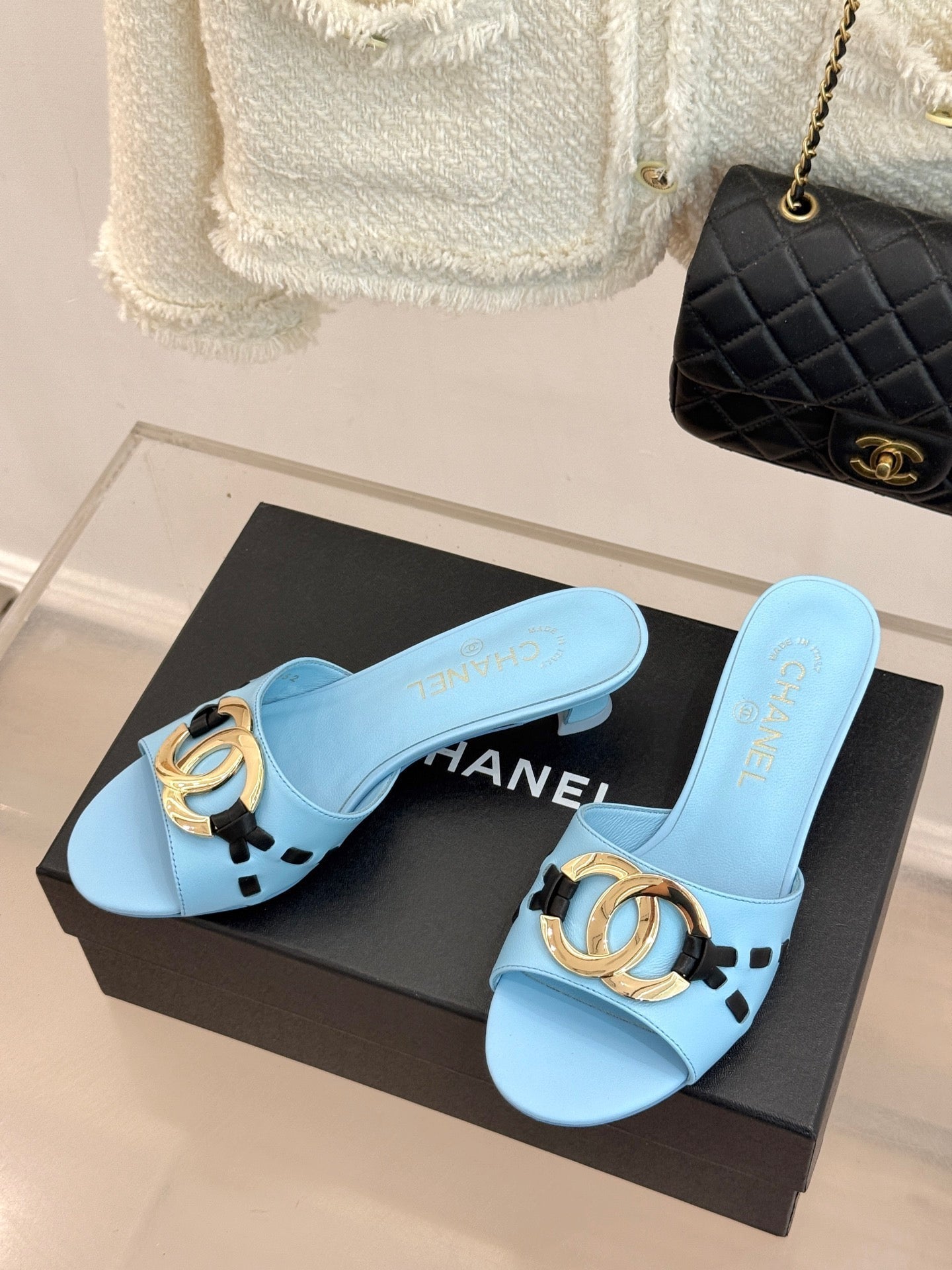CC Flared Heel Mules Blue Lambskin Leather 904661