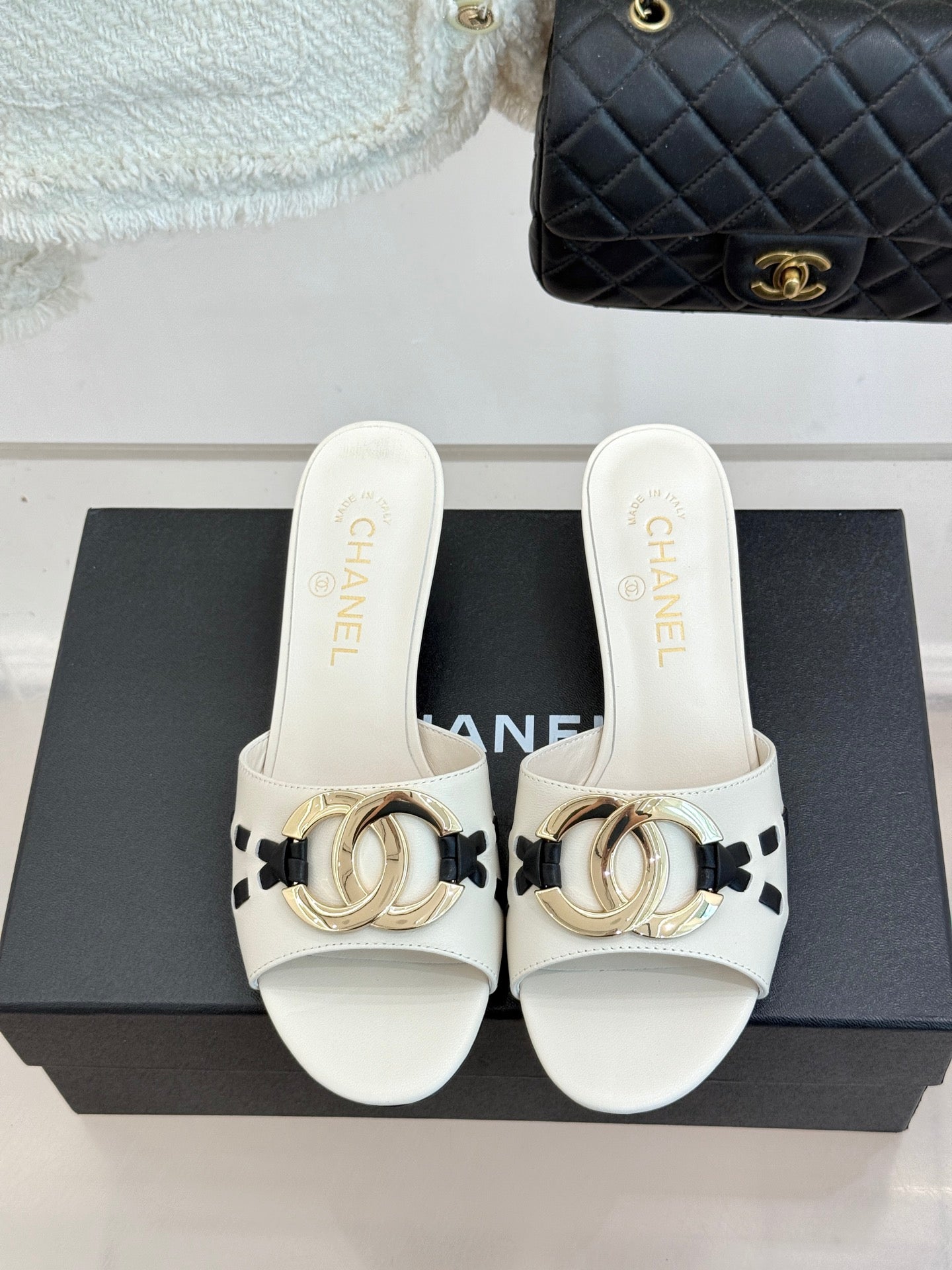 CC Flared Heel Mules White Lambskin Leather 904660