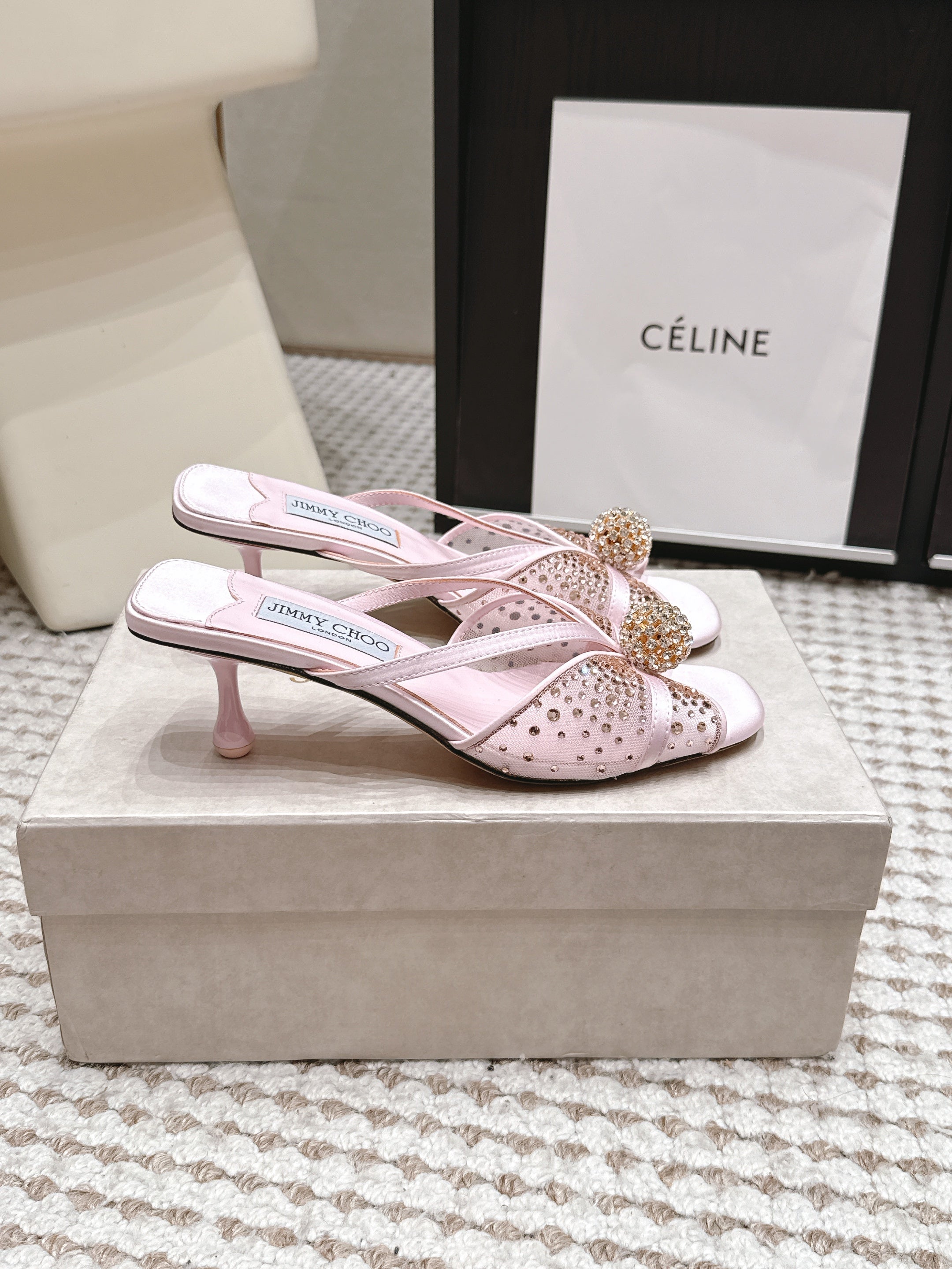 JC Crystal Bow Mule Sandals 5.5CM Pink Mesh Leather 930963